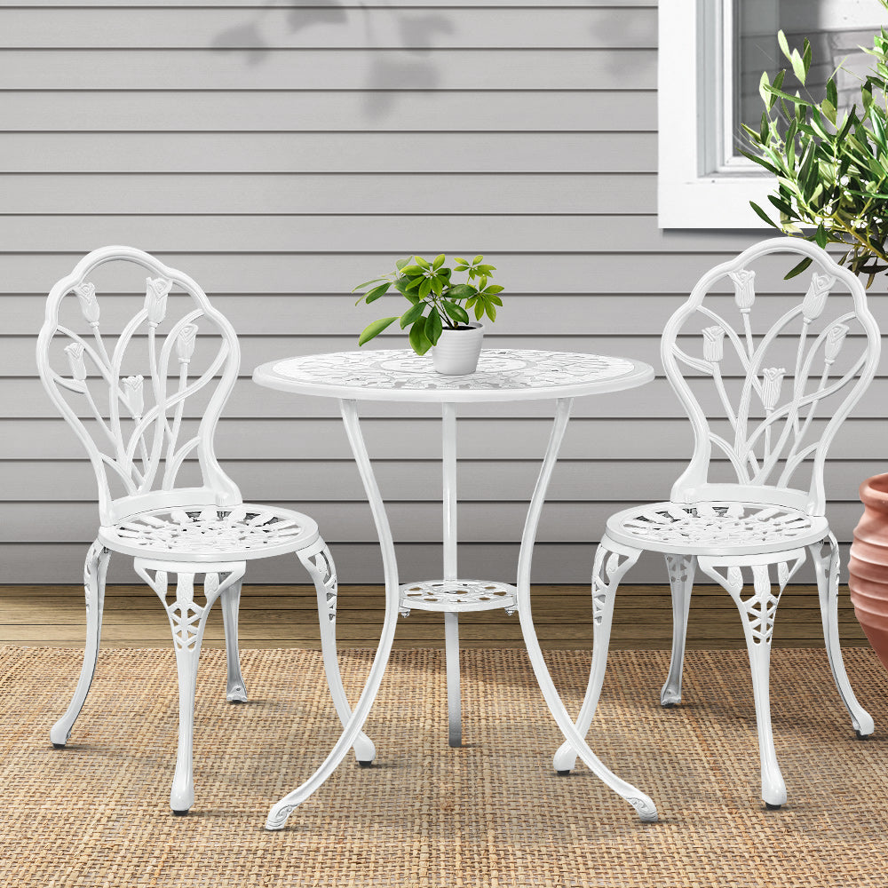 Gardeon 3PC Patio Bistro Set Cast Aluminium Tulip White