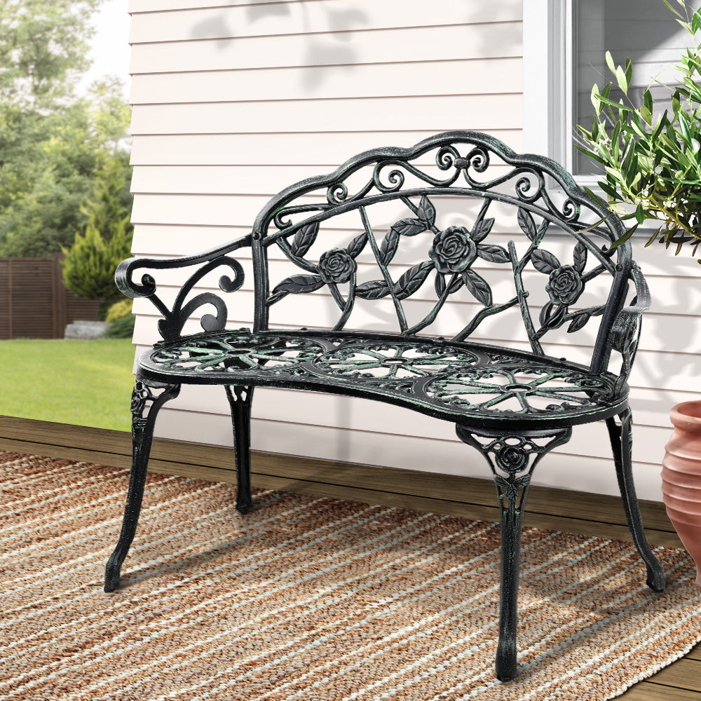 Gardeon 100cm Outdoor Garden Bench Cast Aluminium Vintage Green
