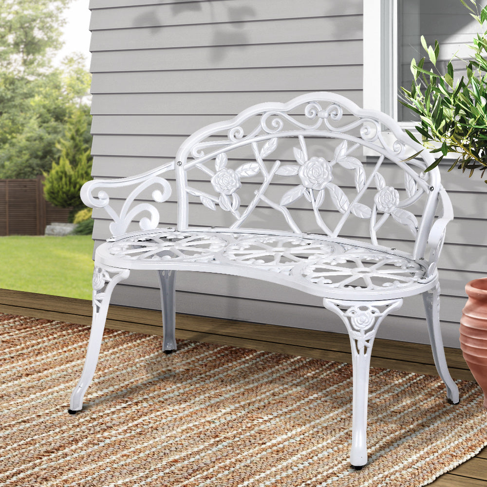 Gardeon 100cm Outdoor Garden Bench Cast Aluminium Vintage White