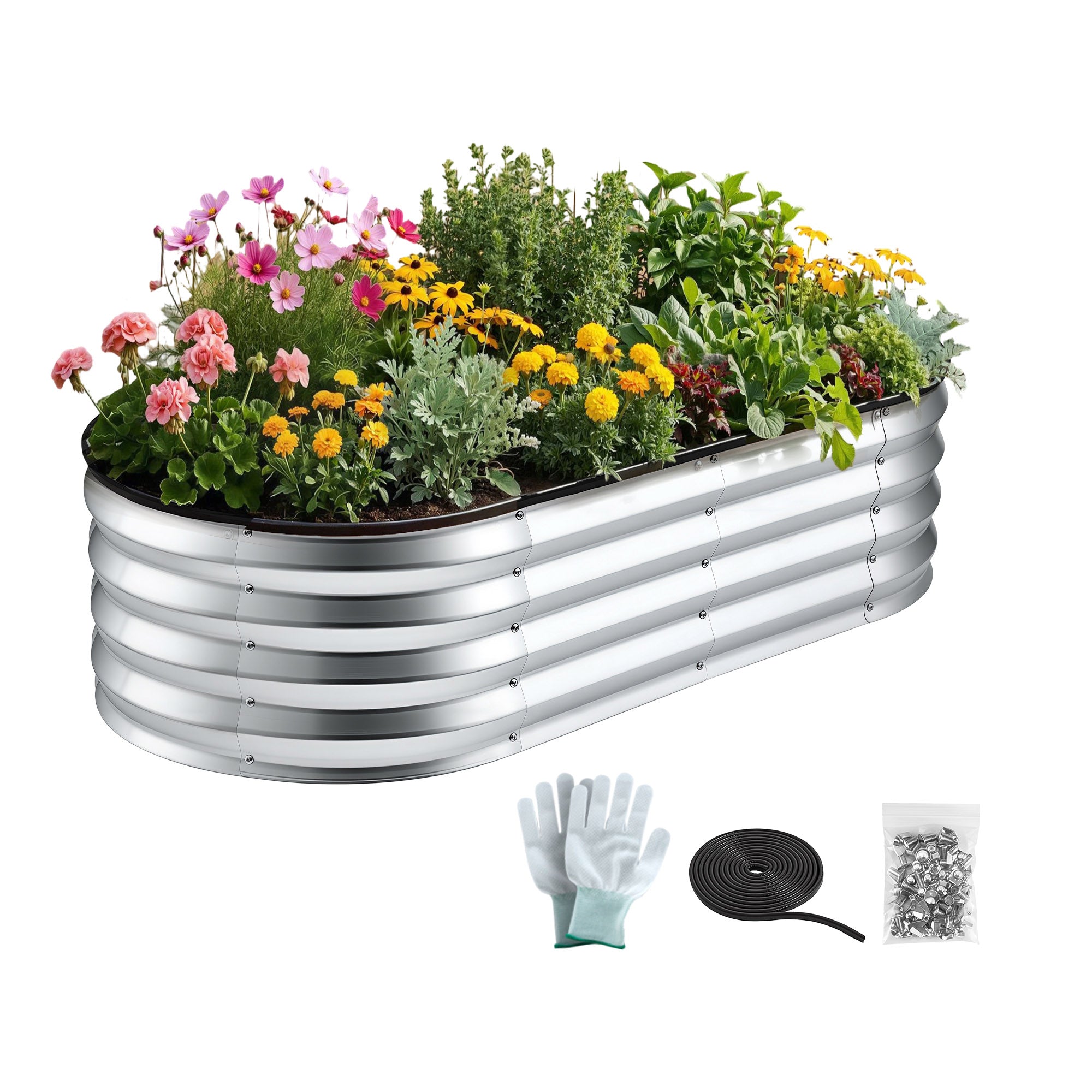Green Fingers Raised Garden Bed Galvanised Oval Metal Planter Box Large Outdoor 120x60x30cm Silver