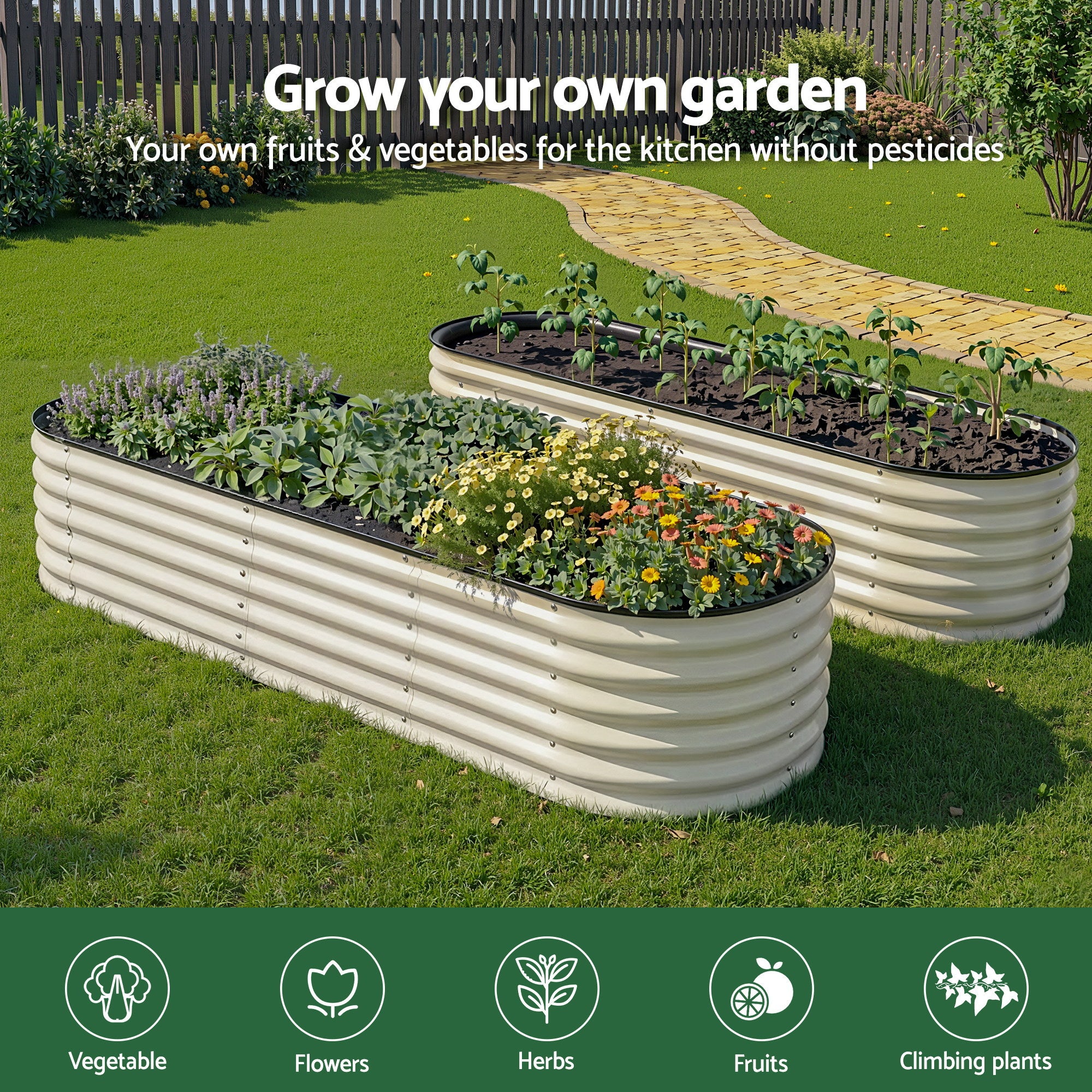 Green Fingers Oval Raised Garden Bed Galvanised Planter Box Rust Resistant 240x60x45cm White