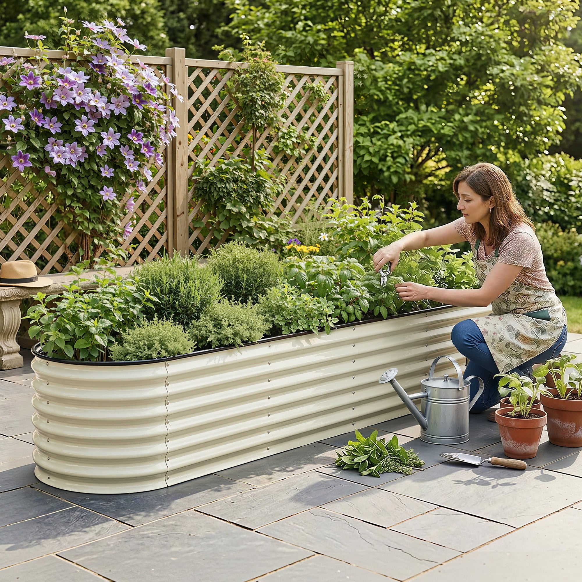 Green Fingers Oval Raised Garden Bed Galvanised Planter Box Rust Resistant 240x60x45cm White