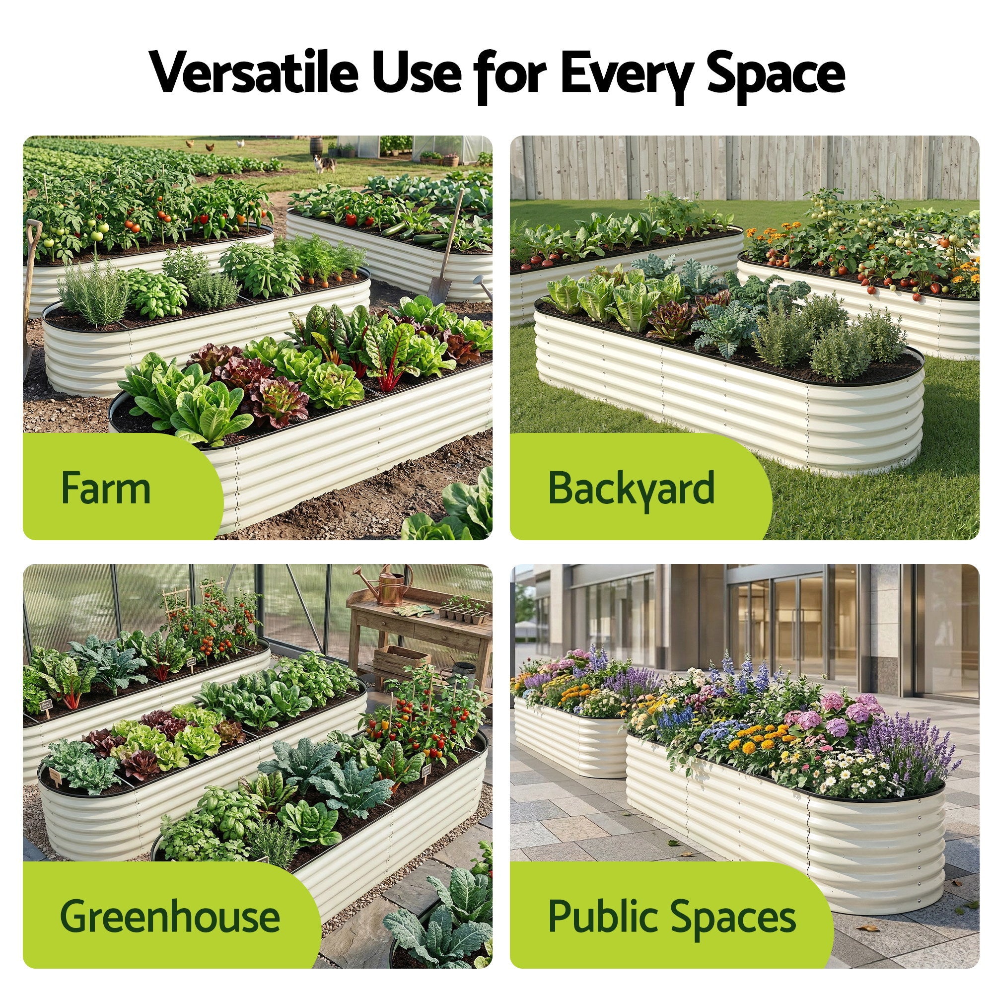 Green Fingers Oval Raised Garden Bed Galvanised Planter Box Rust Resistant 240x60x45cm White