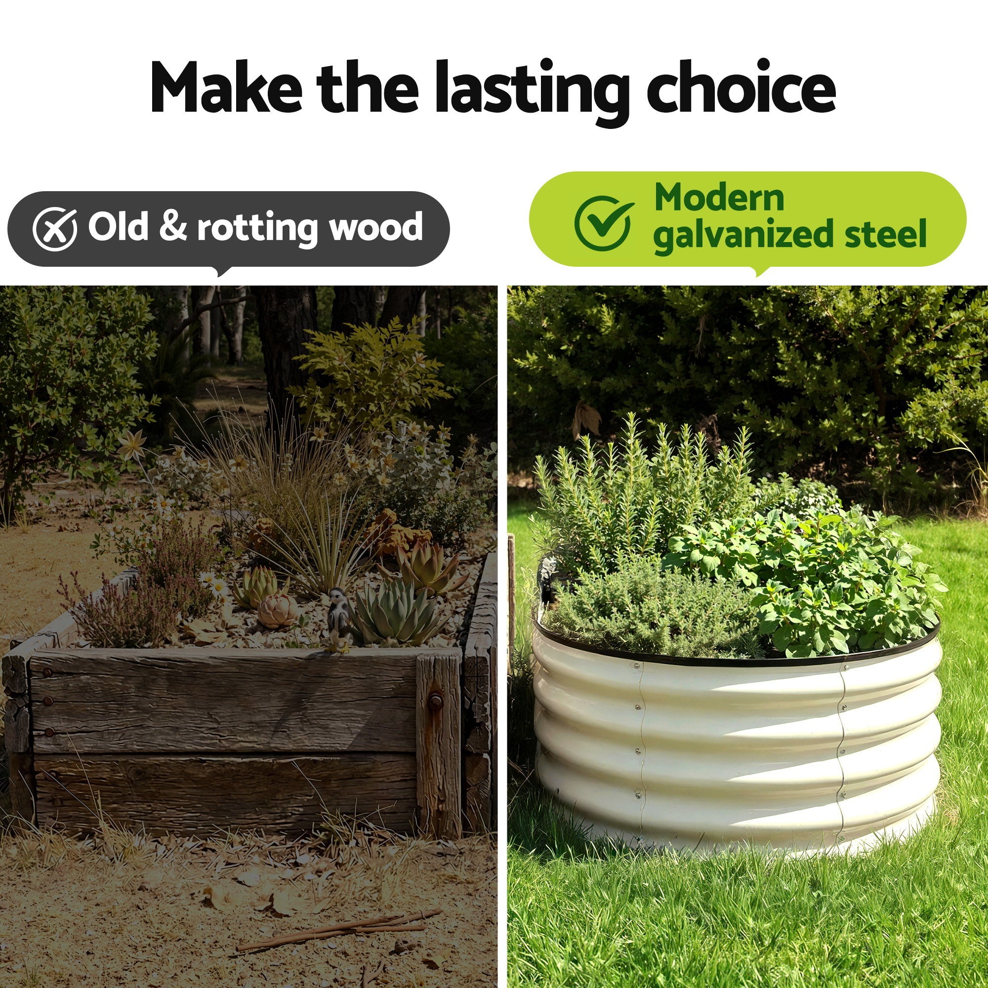 Green Fingers Oval Raised Garden Bed Galvanised Planter Box Rust Resistant 240x60x45cm White