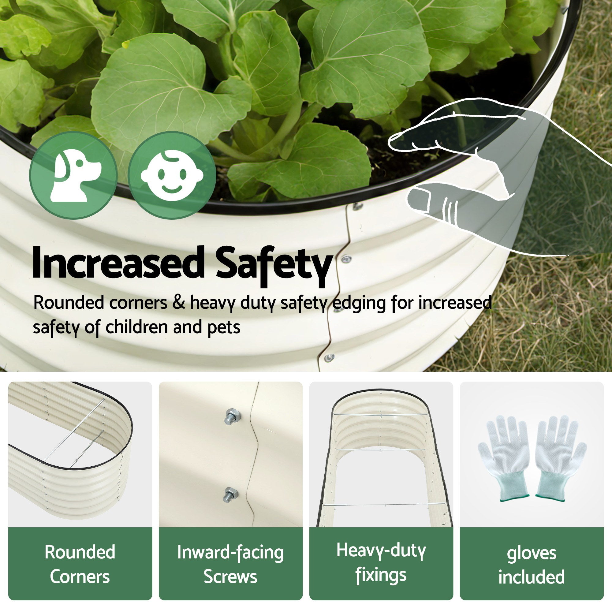 Green Fingers Oval Raised Garden Bed Galvanised Planter Box Rust Resistant 240x60x45cm White