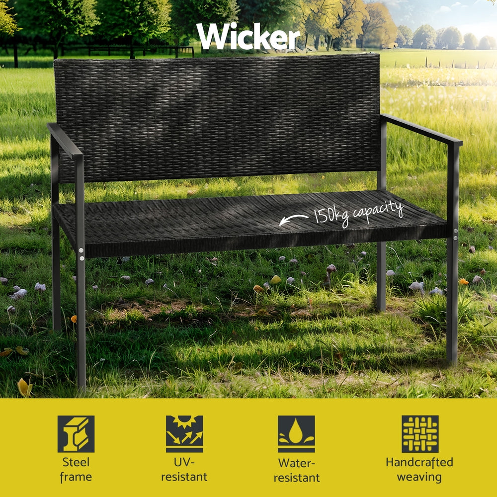 Gardeon 2-Seater Outdoor Bench Rattan Steel Black