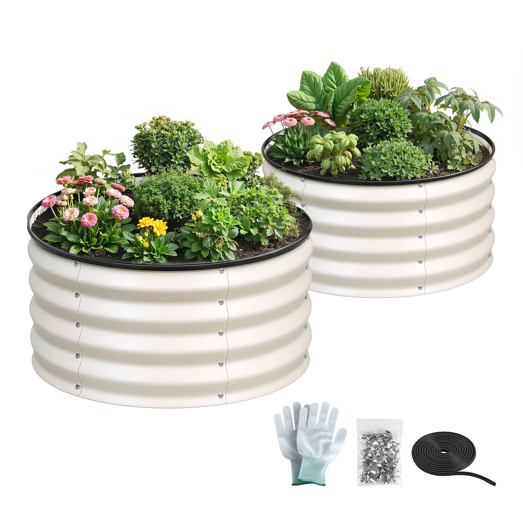 Green Fingers Round Raised Garden Bed 2 Pack Galvanised Planter Box Rust Resistant 60x60x30cm White