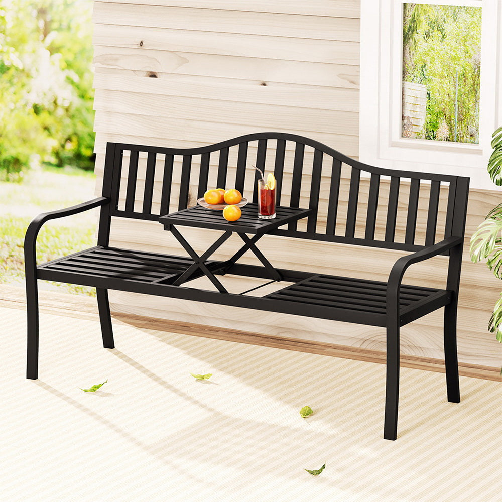 Gardeon Steel Garden Bench Seat with Foldable Table Black