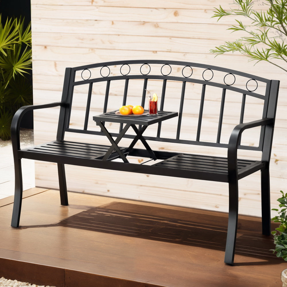 Gardeon 3-Seater Garden Bench Steel Foldable Table Black