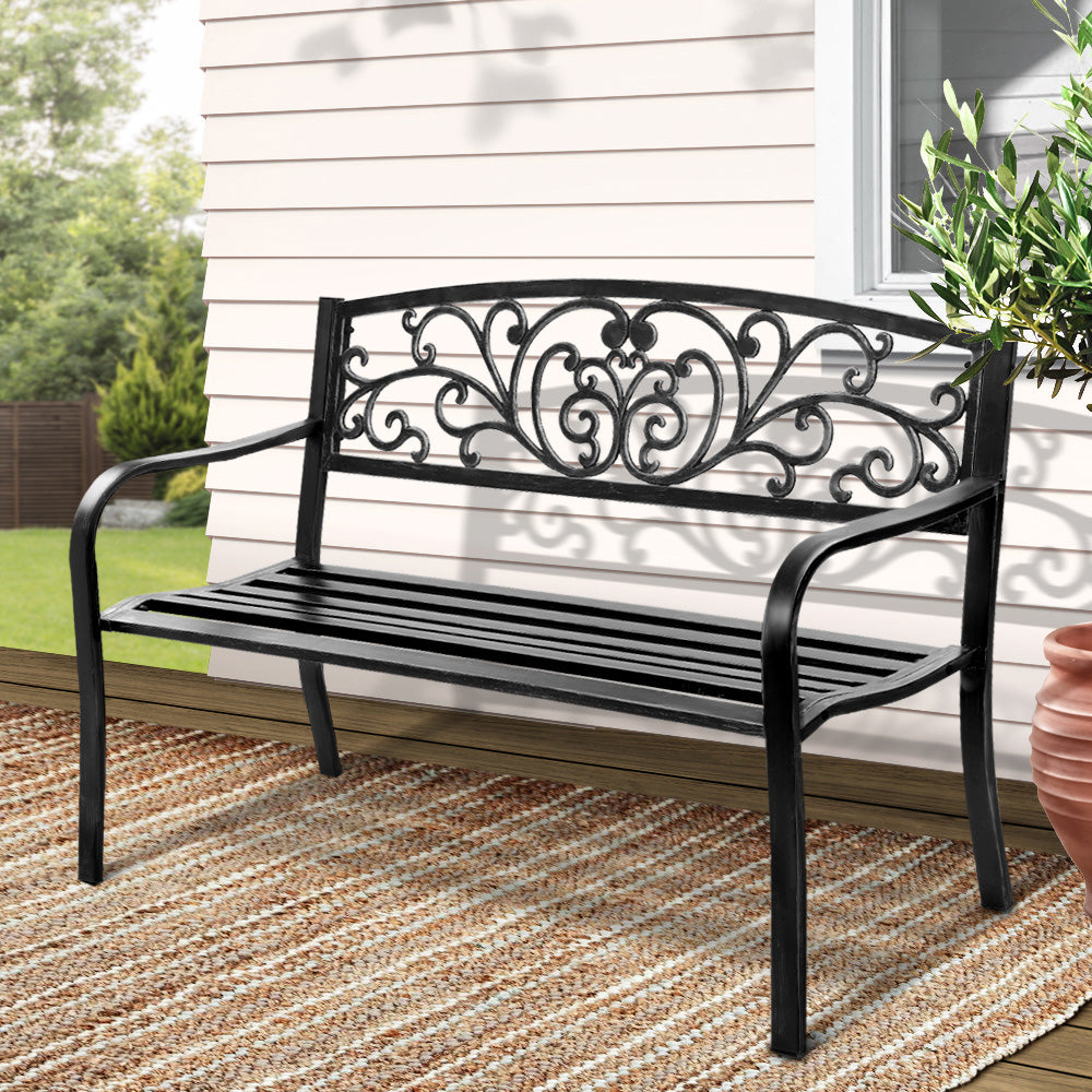 Gardeon 3-Seater Park Bench Steel Black Outdoor Furniture