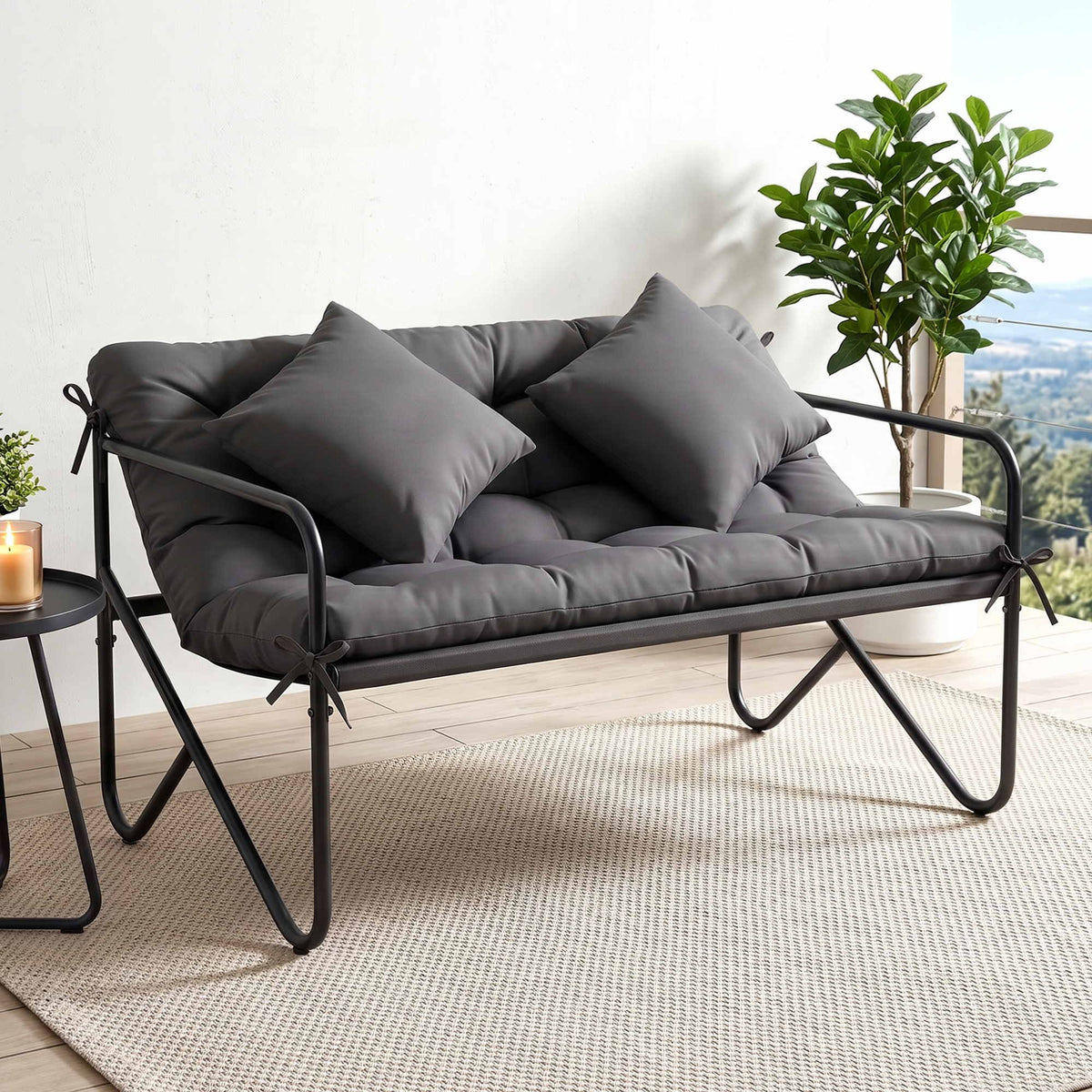 Gardeon Garden Bench 2 Seater Outdoor Bench Metal with Cushion 118cm Black
