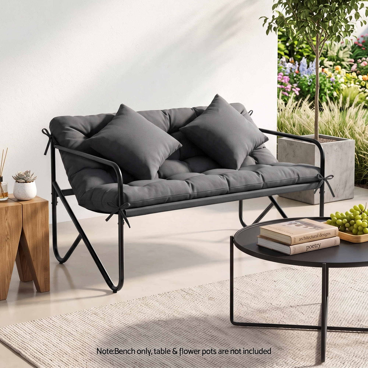 Gardeon Garden Bench 2 Seater Outdoor Bench Metal with Cushion 118cm Black