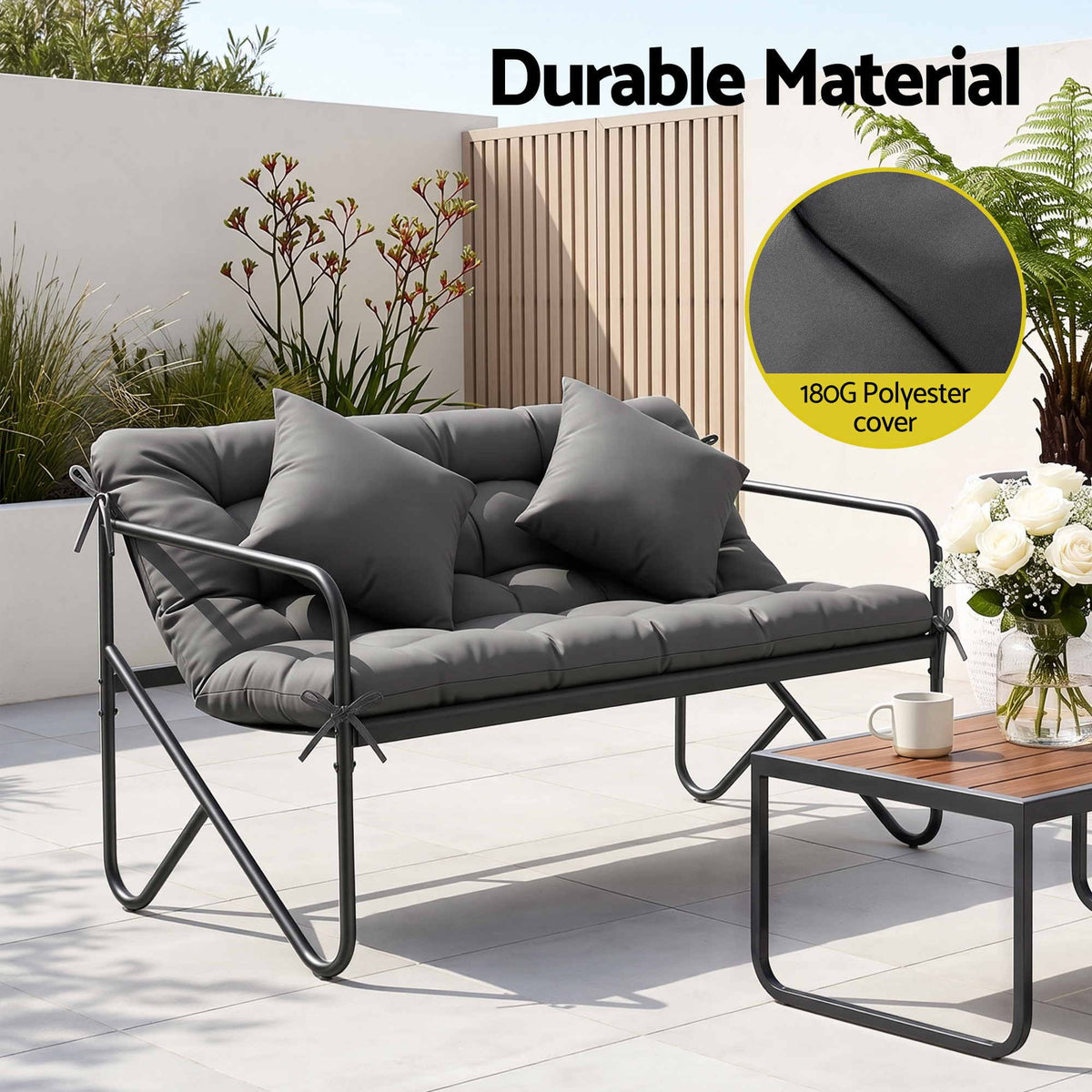 Gardeon Garden Bench 2 Seater Outdoor Bench Metal with Cushion 118cm Black