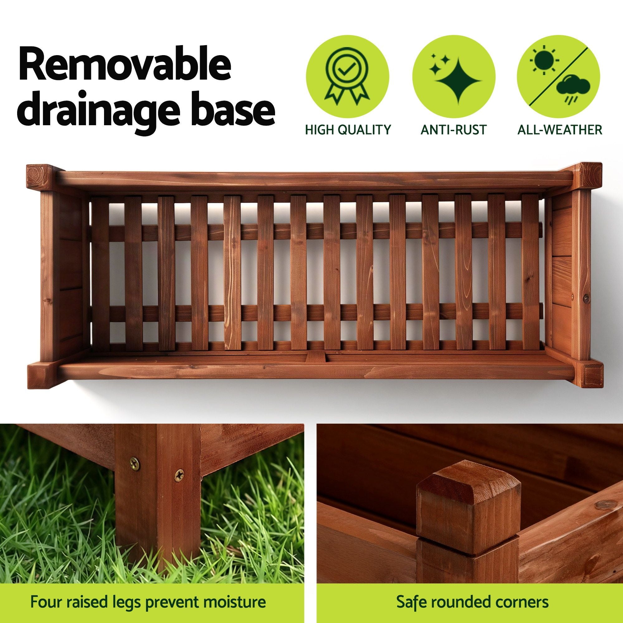 Green Fingers Garden Bed Wooden Planter Box Raised Container Growing 90x30x33cm Brown