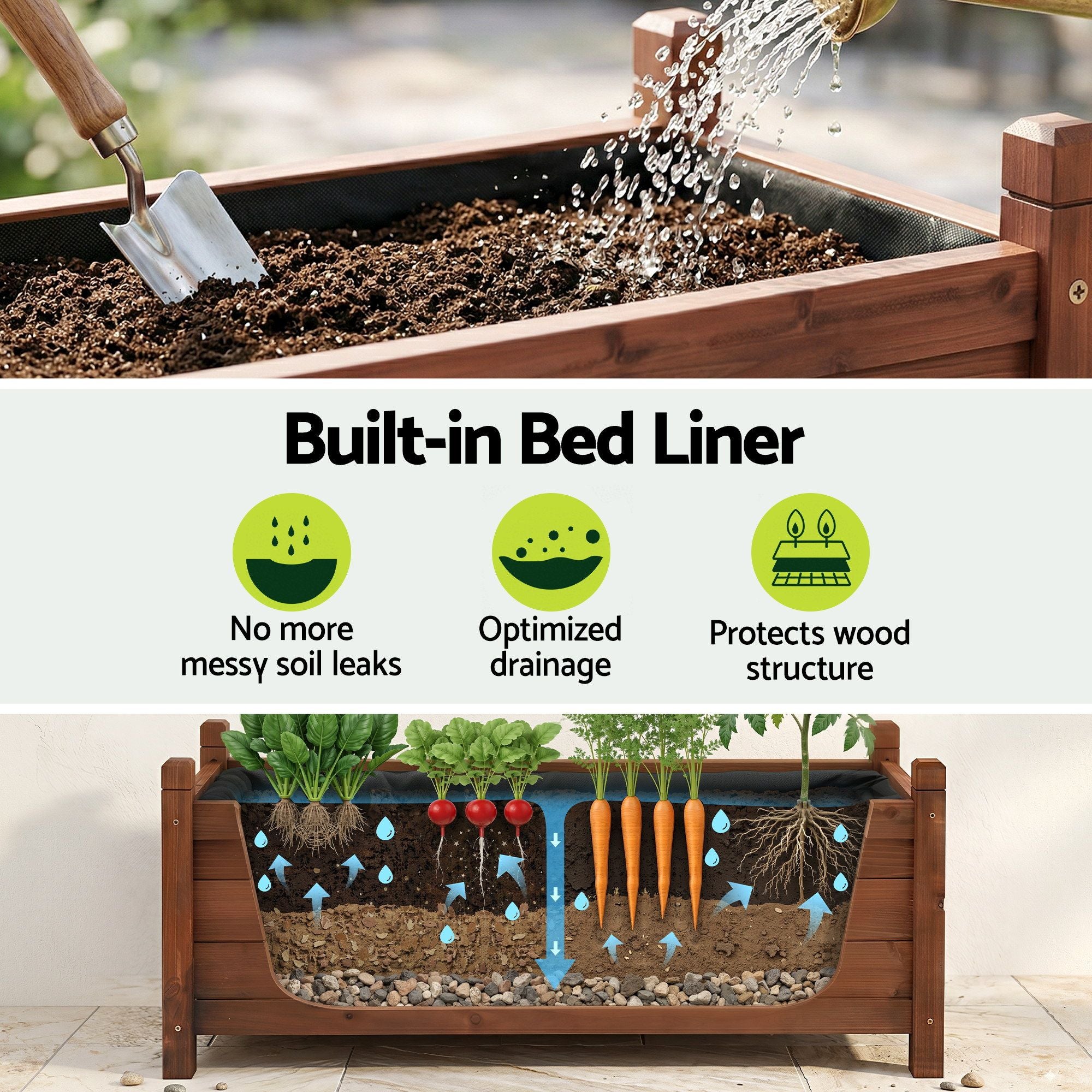 Green Fingers Garden Bed Wooden Planter Box Raised Container Growing 90x30x33cm Brown