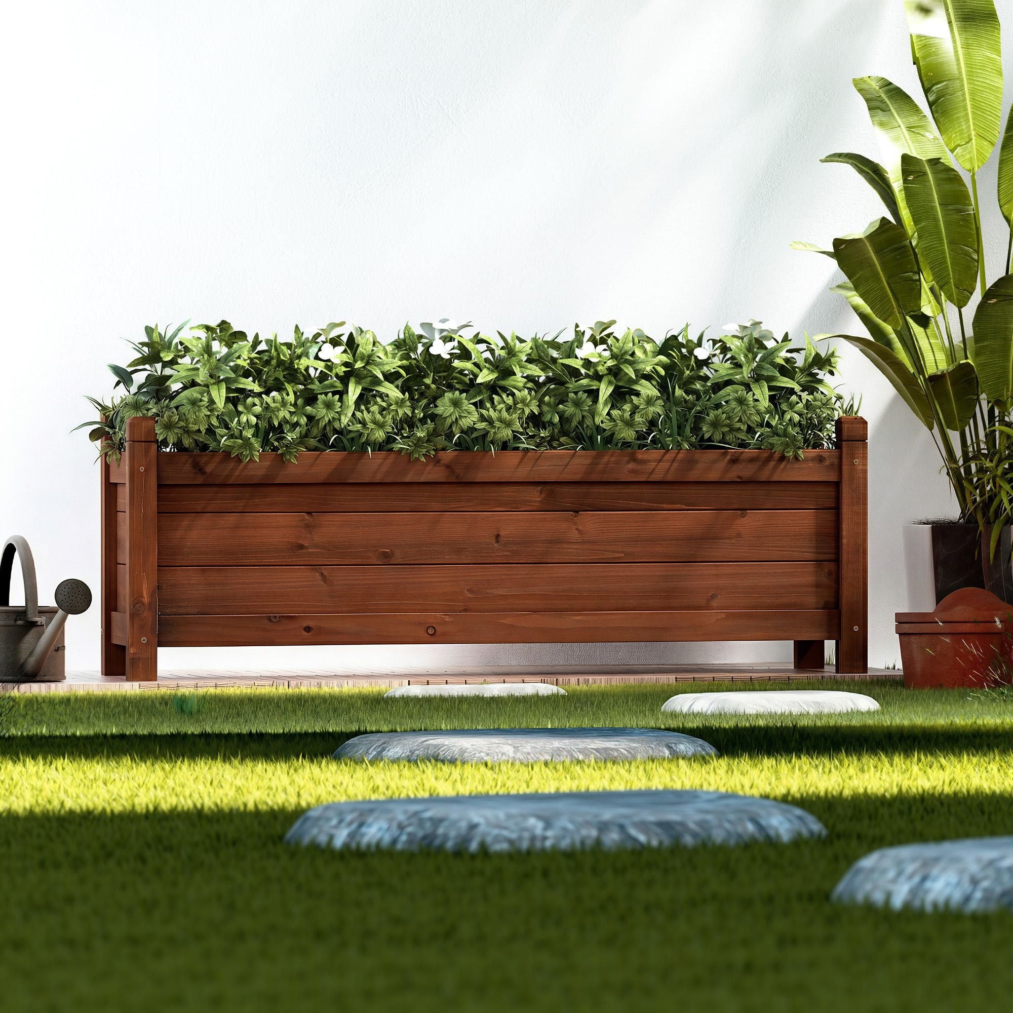 Green Fingers Garden Bed Wooden Planter Box Raised Container Growing 90x30x33cm Brown