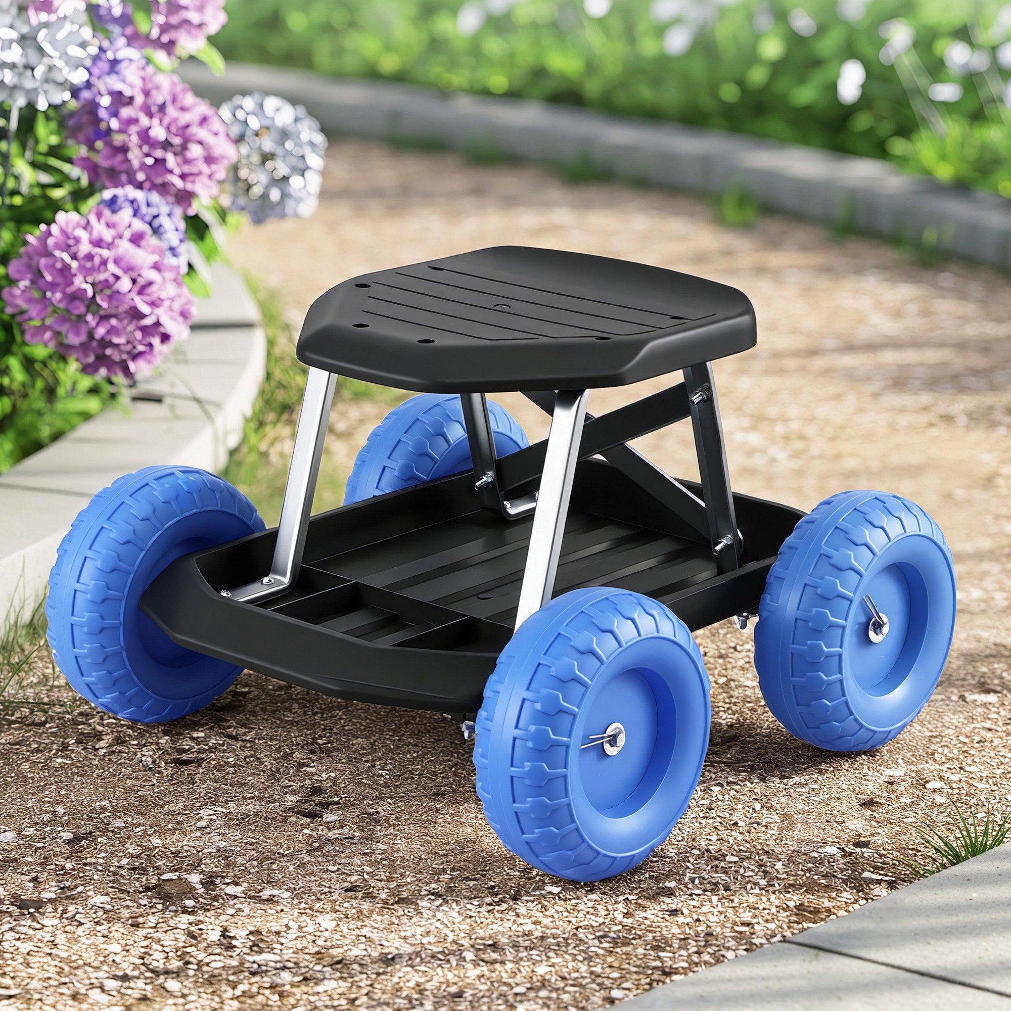 Gardeon Garden Cart Seat with Wheels, Rolling Work Stool with Tool Storage Tray, 440lbs 200kg Heavy Duty Capacity Garden Stool for Outdoor Yard Work, Car Detailing, and Garage Maintenance, Blue/Black