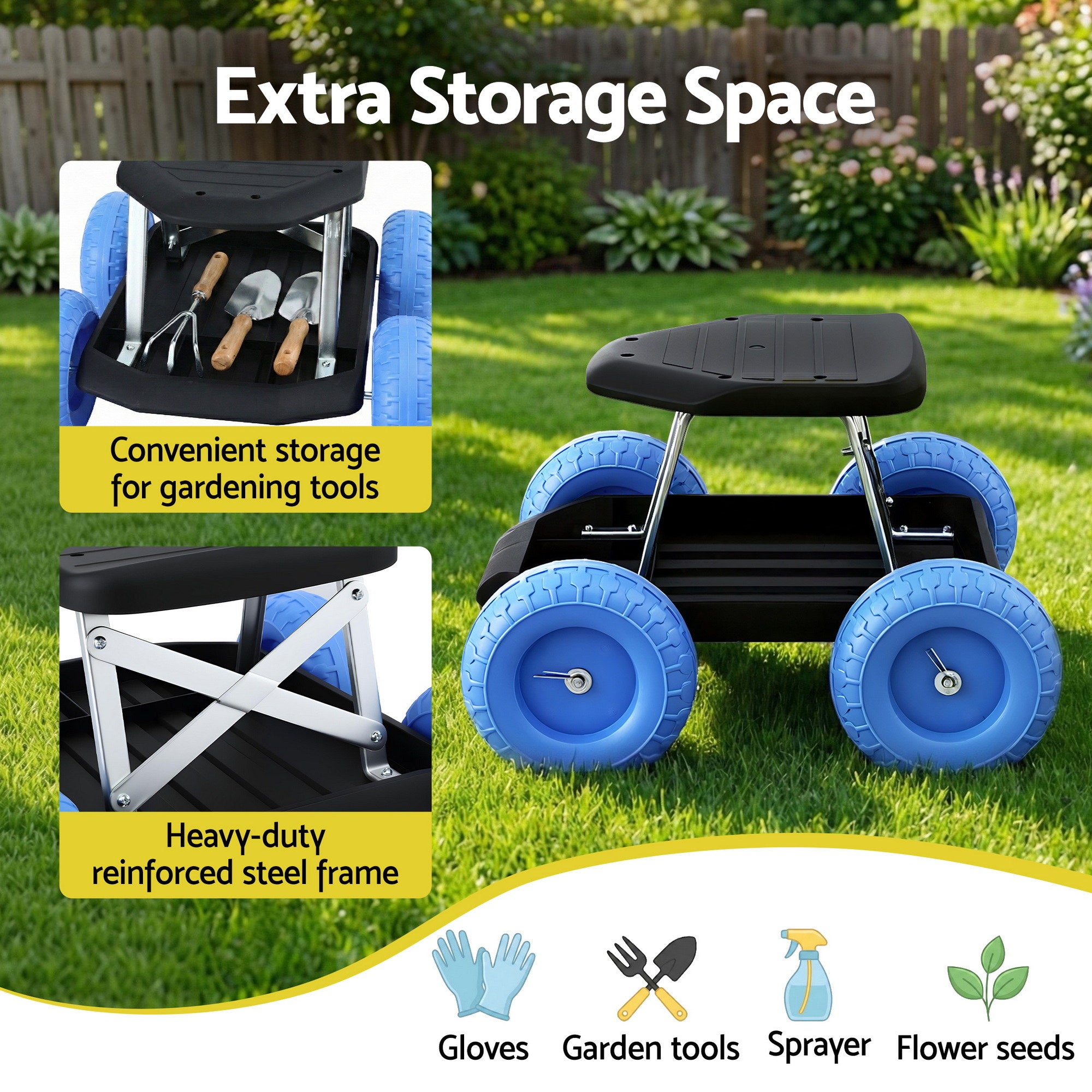 Gardeon Garden Cart Seat with Wheels, Rolling Work Stool with Tool Storage Tray, 440lbs 200kg Heavy Duty Capacity Garden Stool for Outdoor Yard Work, Car Detailing, and Garage Maintenance, Blue/Black