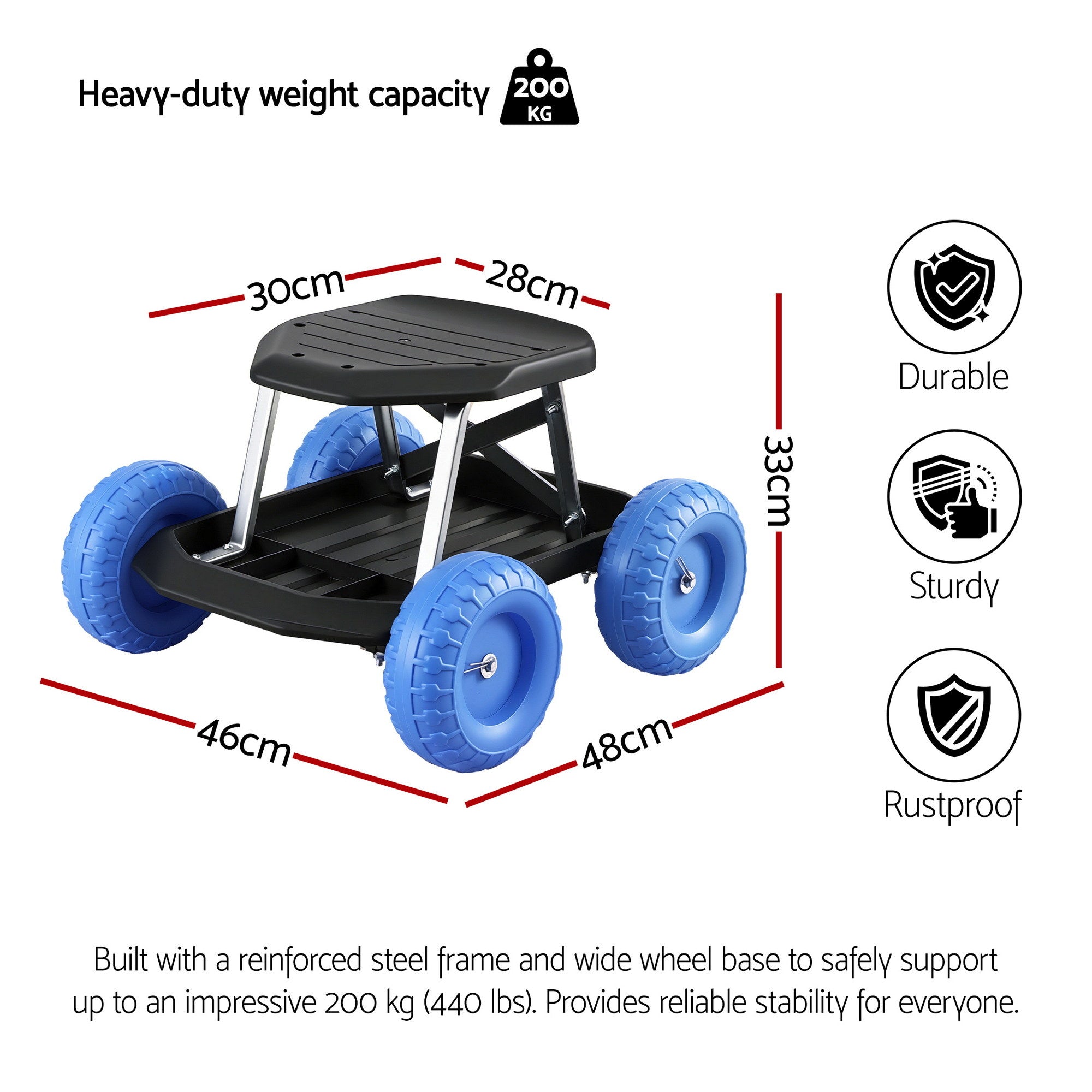 Gardeon Garden Cart Seat with Wheels, Rolling Work Stool with Tool Storage Tray, 440lbs 200kg Heavy Duty Capacity Garden Stool for Outdoor Yard Work, Car Detailing, and Garage Maintenance, Blue/Black