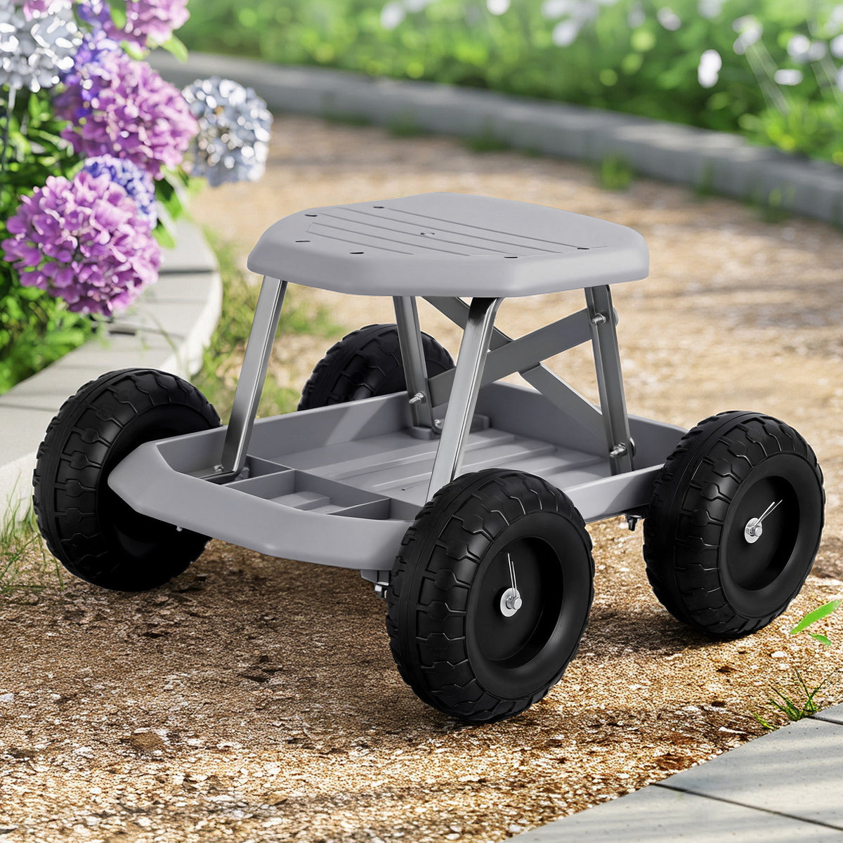 Gardeon Rolling Garden Seat with Tool Tray 200kg Grey/Black