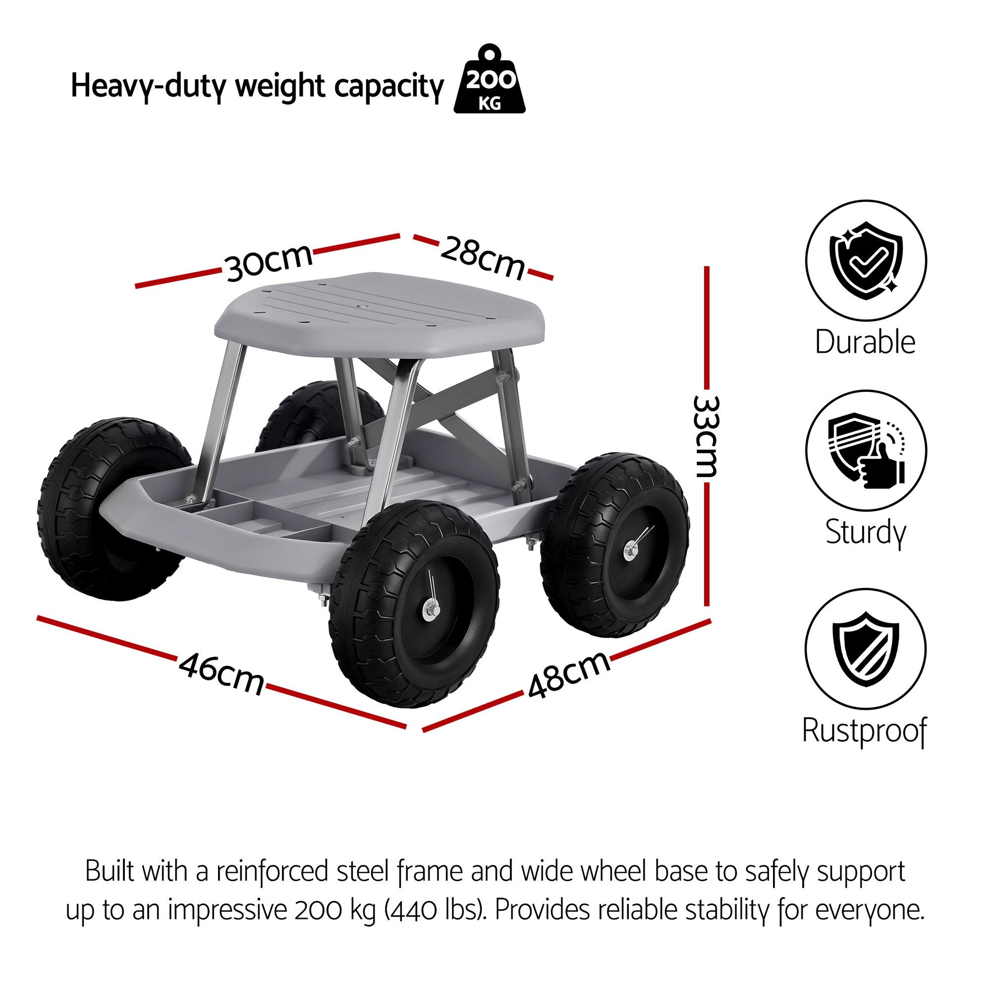 Gardeon Garden Cart Seat with Wheels, Rolling Work Stool with Tool Storage Tray, 440lbs 200kg Heavy Duty Capacity Garden Stool for Outdoor Yard Work, Car Detailing, and Garage Maintenance, Grey/Black