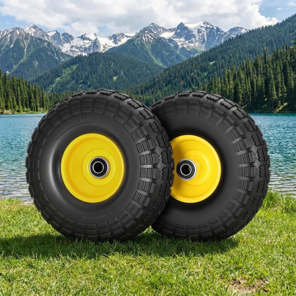Gardeon 2pcs 4.10/3.50-4 Flat Free Solid Rubber Tyre And Wheel