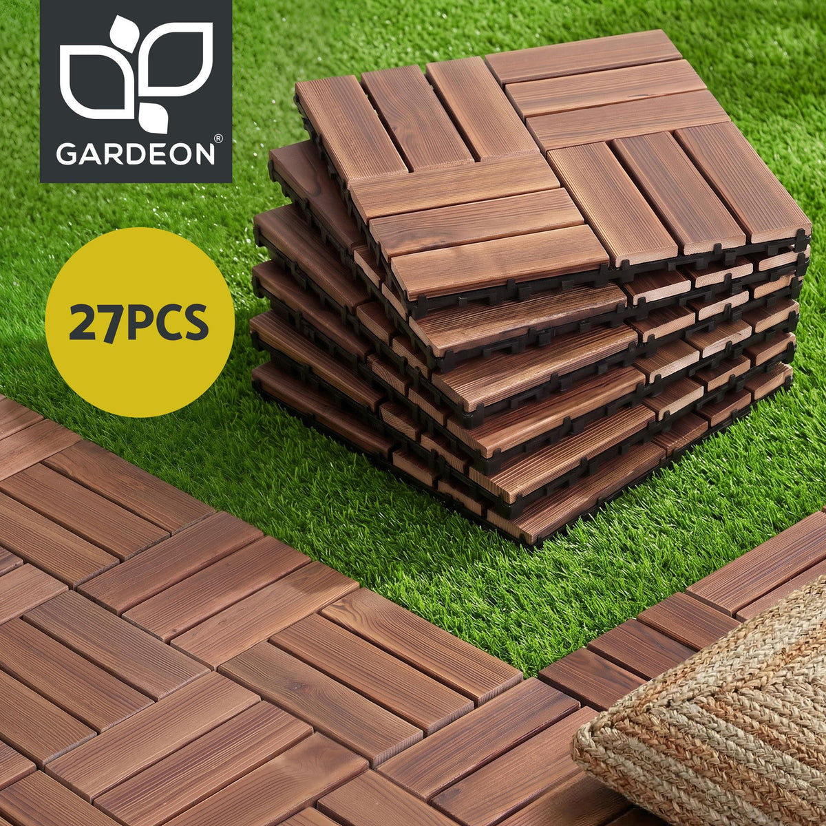 Gardeon Pine Wood Deck Tiles 27PCS 30x30cm Brown