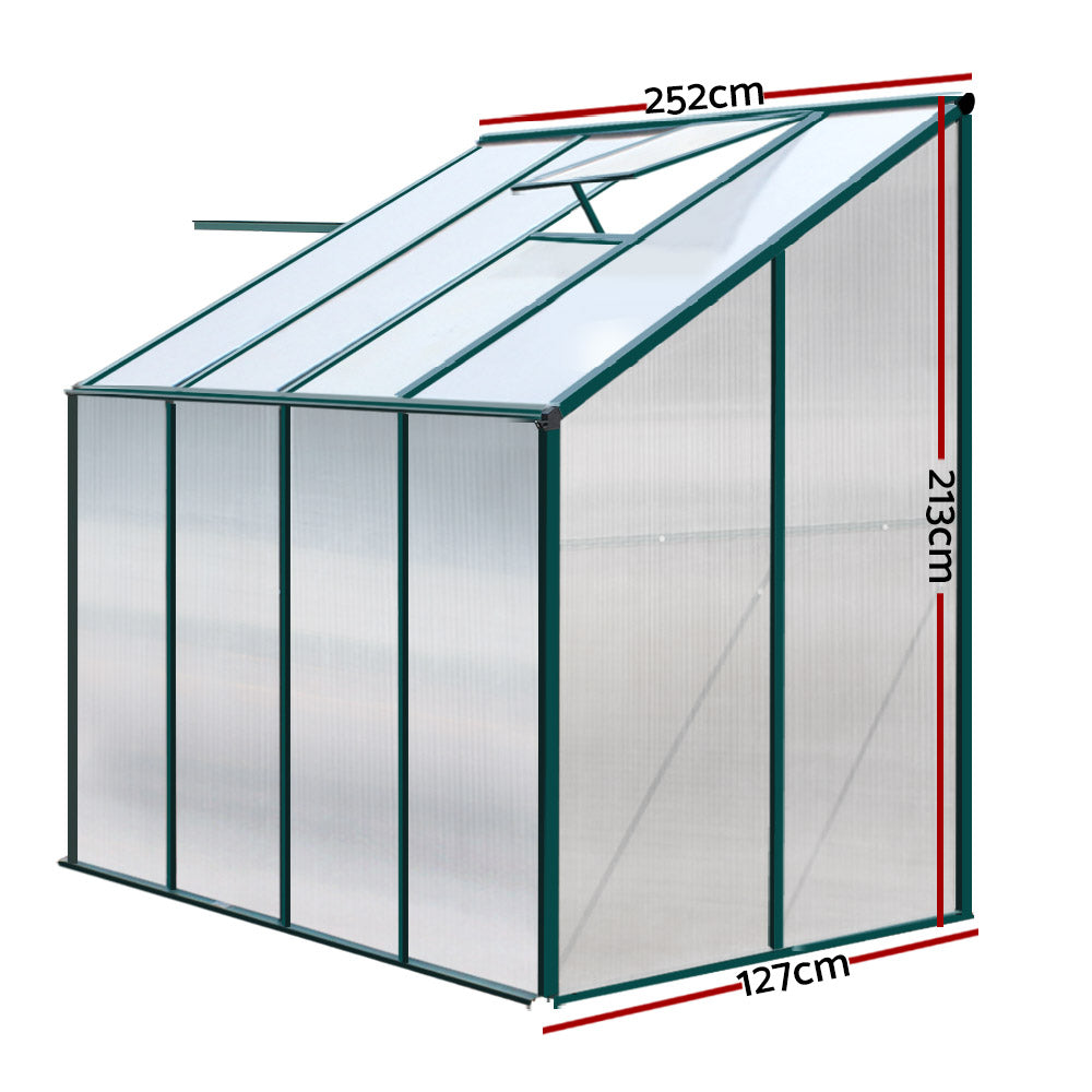 Green Fingers 2.52x1.27x2.13M Aluminium Lean-to Greenhouse Polycarbonate
