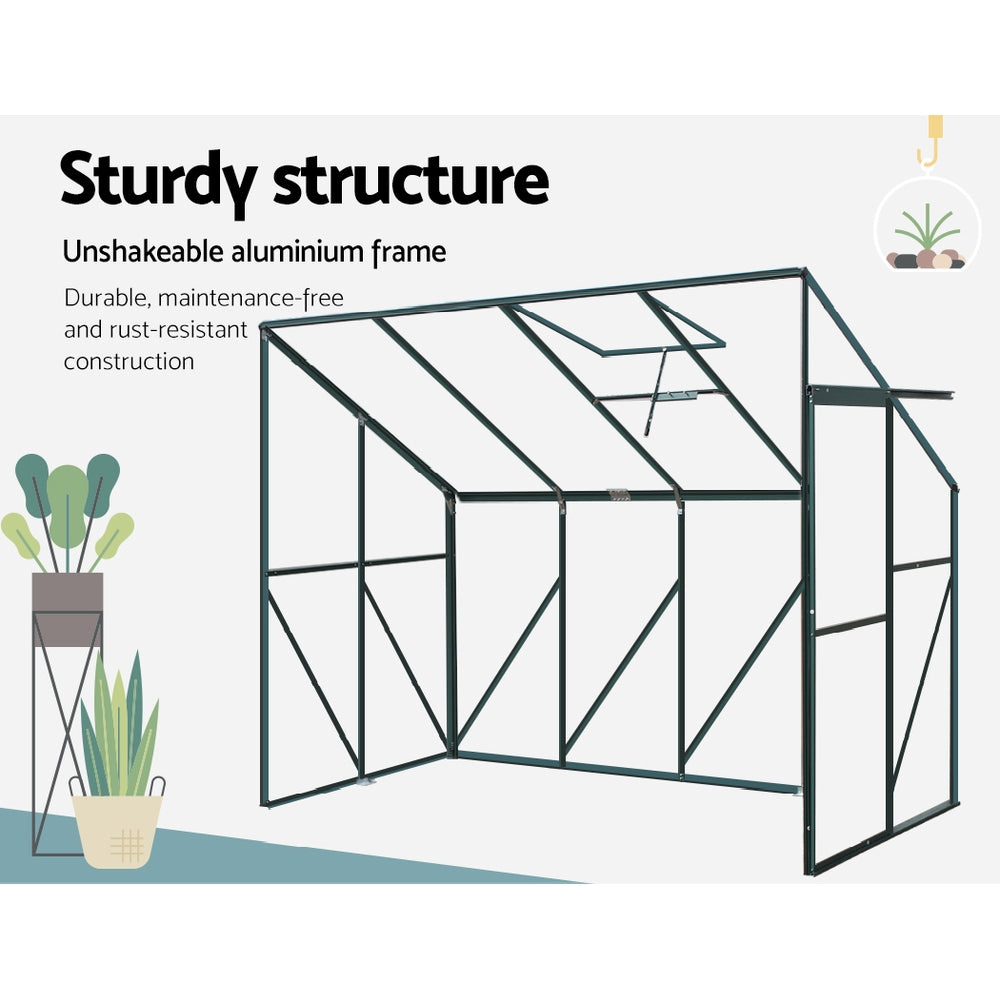 Green Fingers 2.52x1.27x2.13M Aluminium Lean-to Greenhouse Polycarbonate