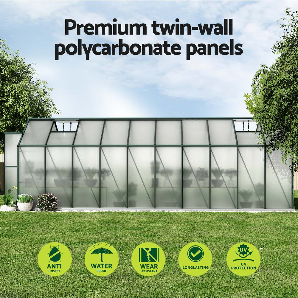 Green Fingers 6.3x2.44M Aluminium Polycarbonate Greenhouse Garden Shed