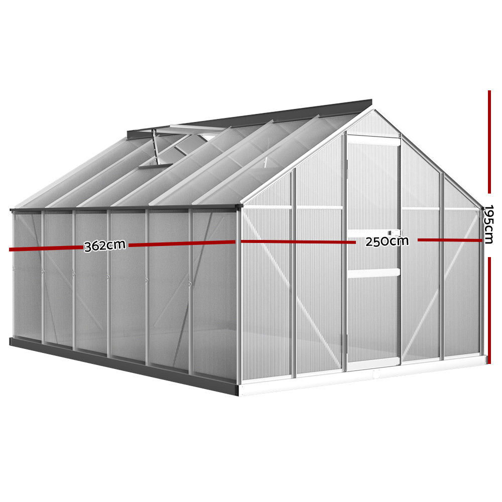 Green Fingers Aluminium Greenhouse 3.6x2.5x1.95M Polycarbonate Garden Shed