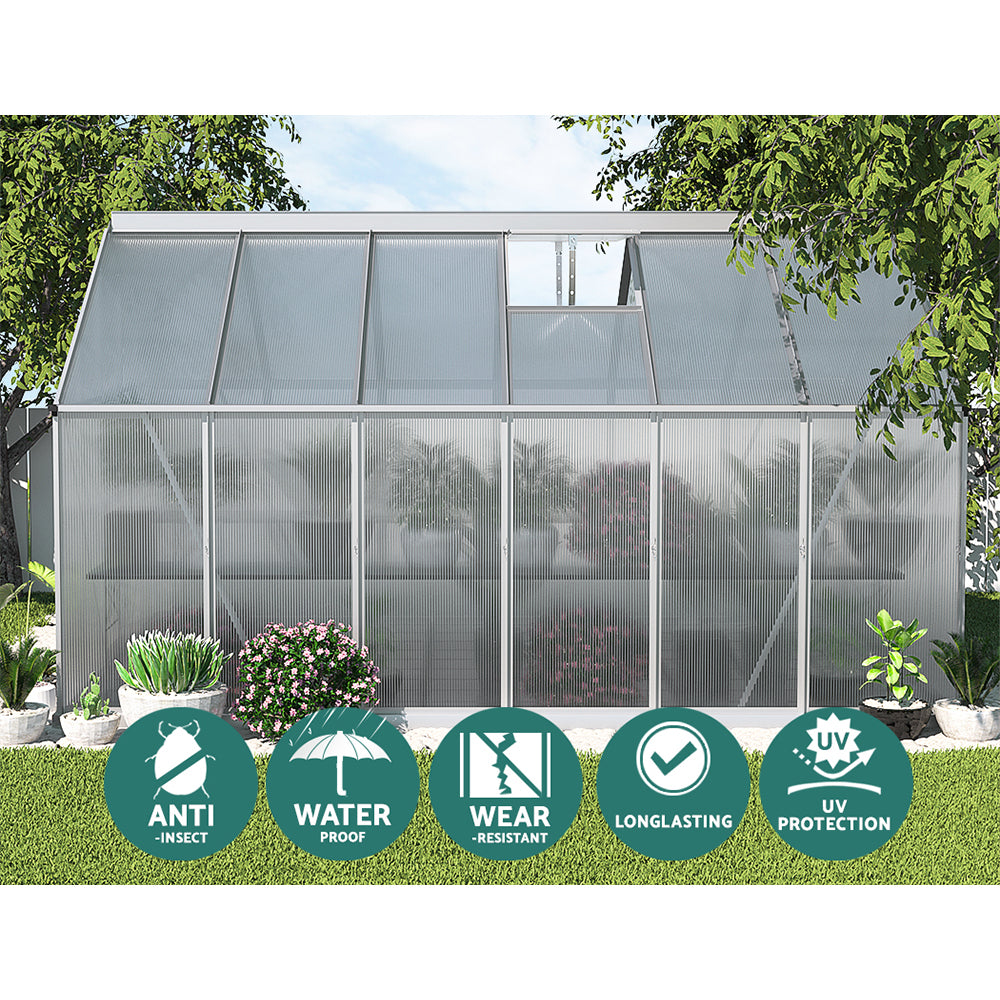 Green Fingers Aluminium Greenhouse 3.6x2.5x1.95M Polycarbonate Garden Shed