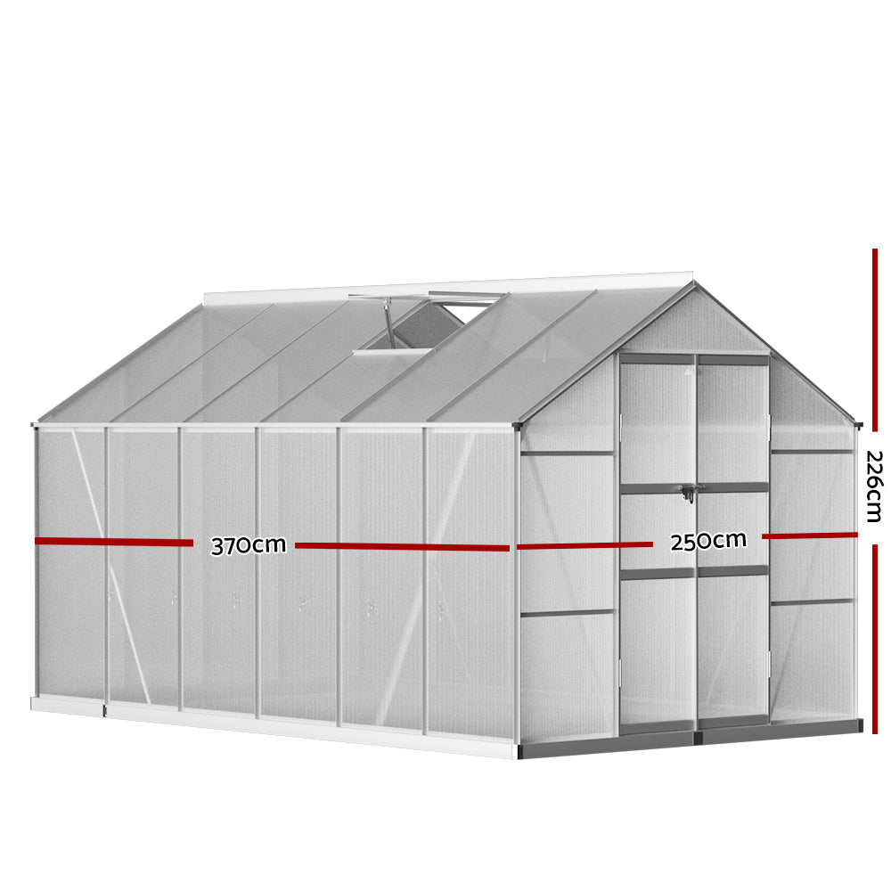 Green Fingers 3.7x2.5m Aluminium Greenhouse Double Doors Garden Shed