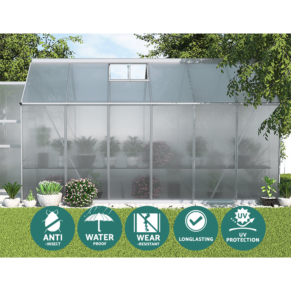 Green Fingers 3.7x2.5m Aluminium Greenhouse Double Doors Garden Shed