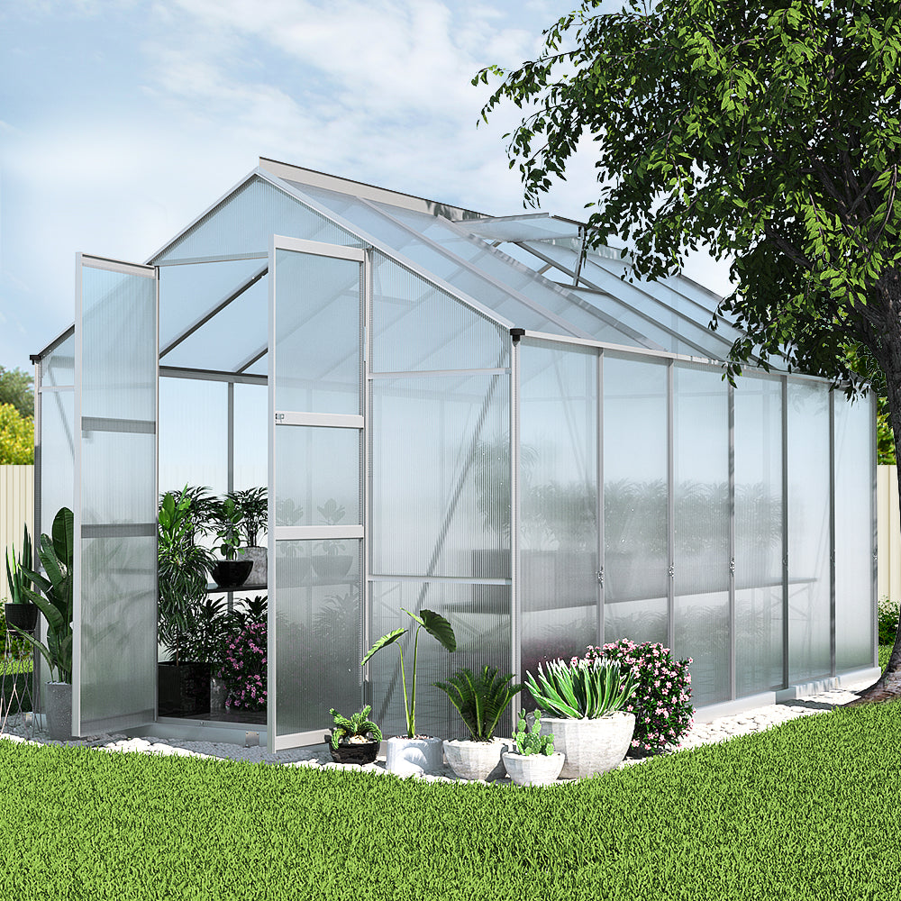 Green Fingers 3.7x2.5m Aluminium Greenhouse Double Doors Garden Shed
