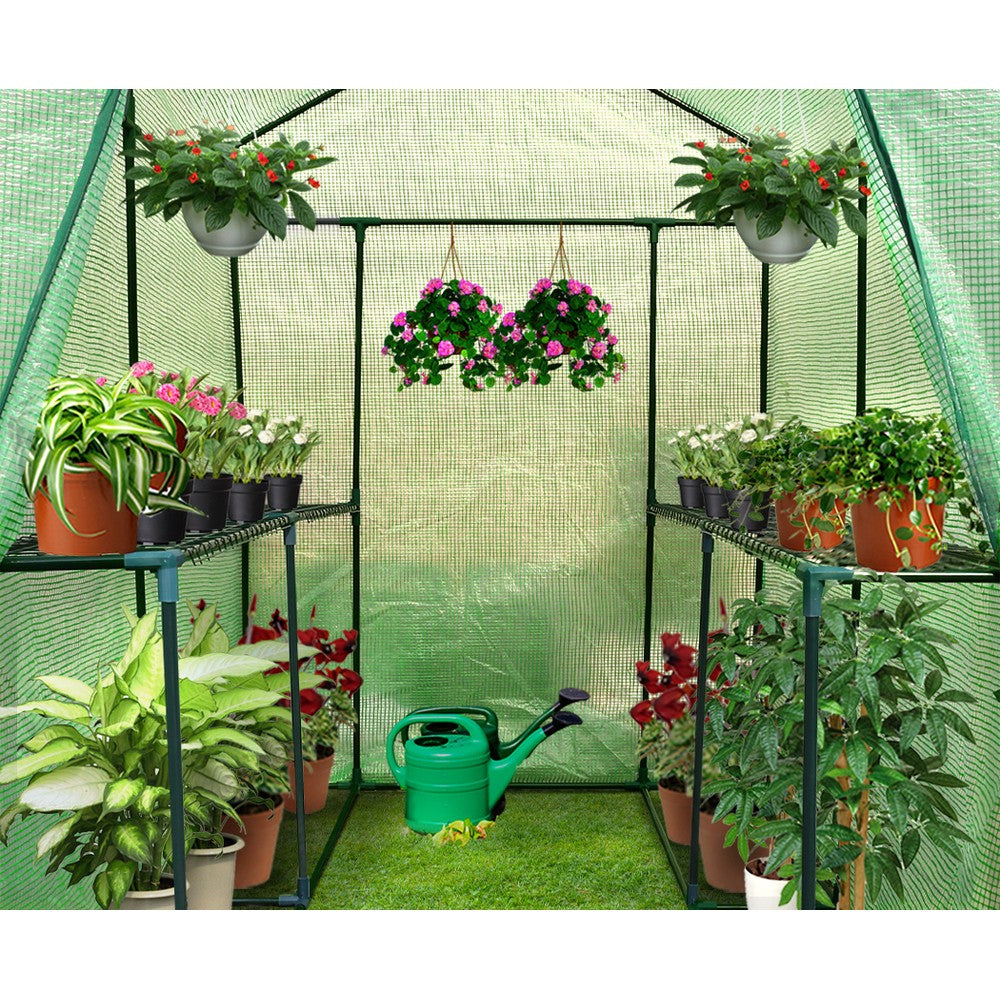 Green Fingers Walk-In Greenhouse Tunnel 1.9M x 1.2M Garden Shed 4 Shelves Green