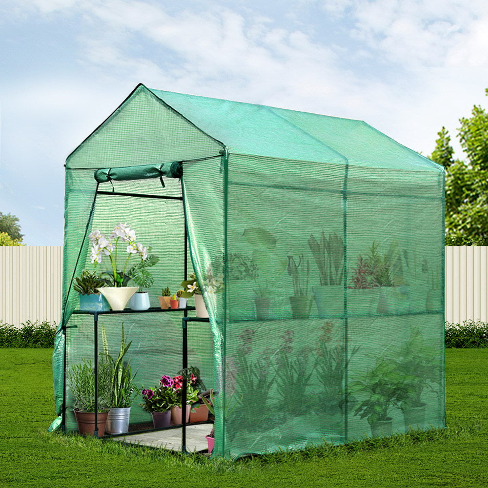 Green Fingers Walk-In Greenhouse Tunnel 1.9M x 1.2M Garden Shed 4 Shelves Green
