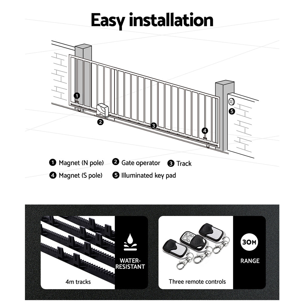 LockMaster 4M 600KG Automatic Sliding Gate Opener Kit Solar-Powered