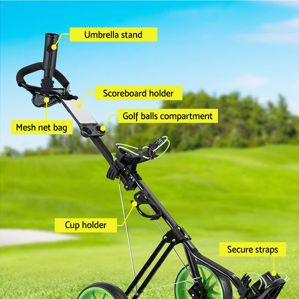 Everfit 3-Wheel Golf Buggy Quick Folding Trolley Green
