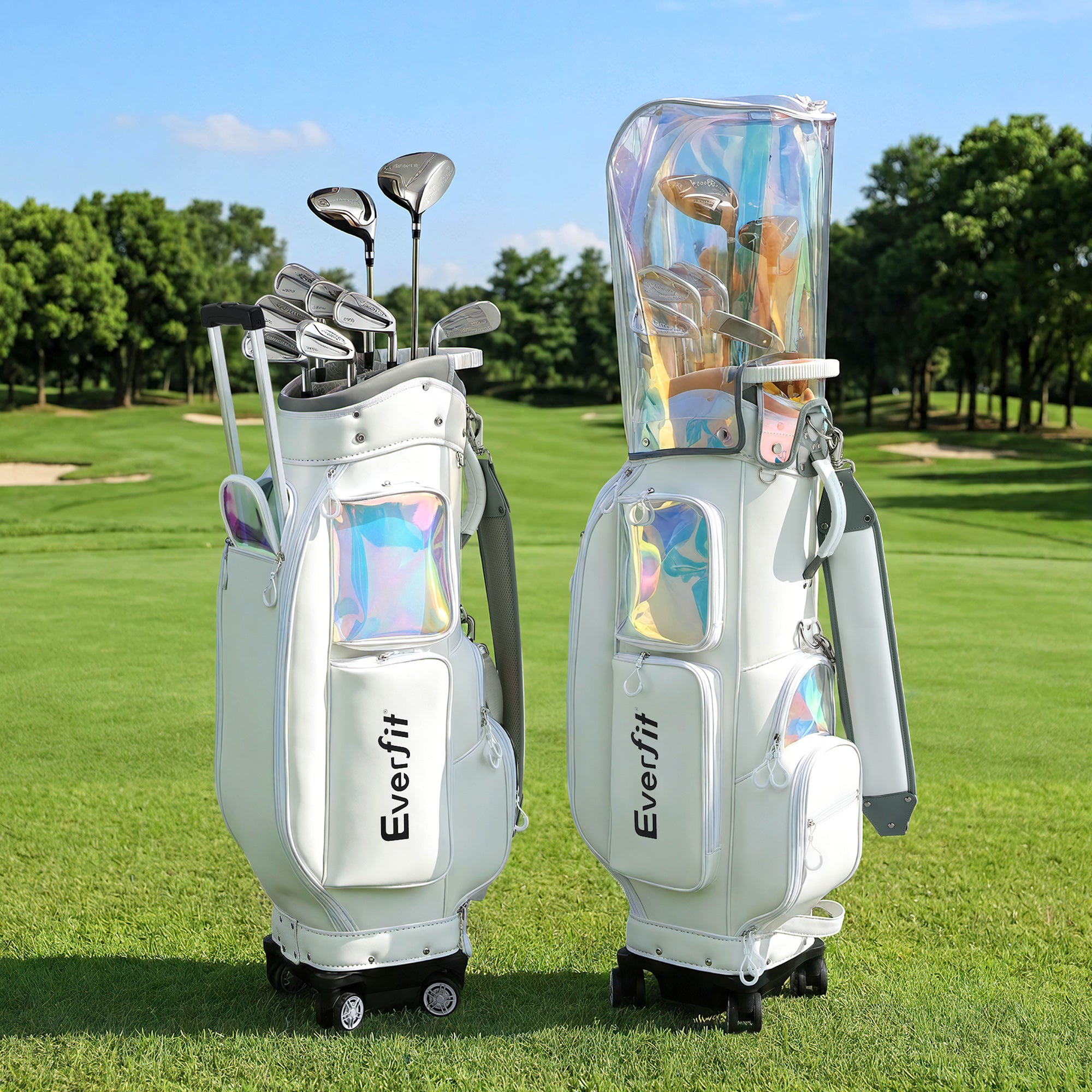 Everfit Golf Cart Bag Rolling Buggy Club Organiser Synthetic Leather White