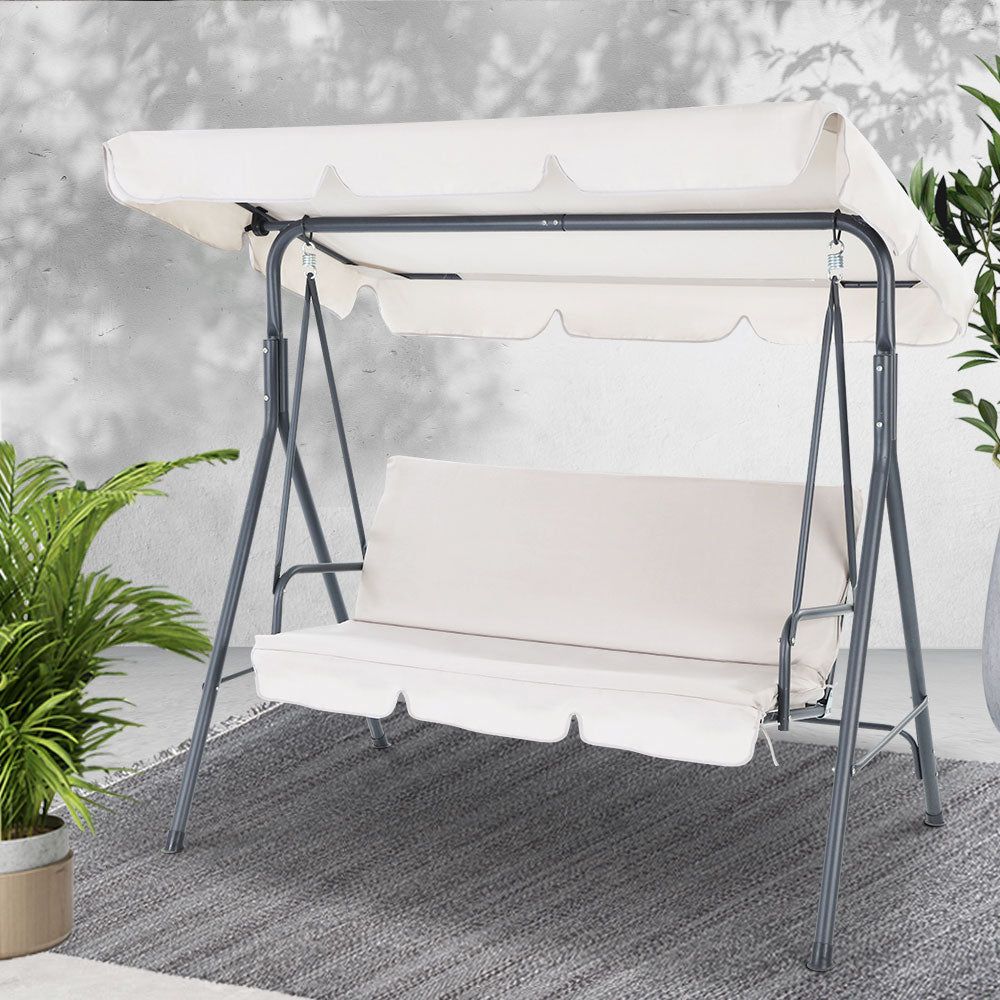 Gardeon Canopy Outdoor Swing Chair 3 Seater Beige