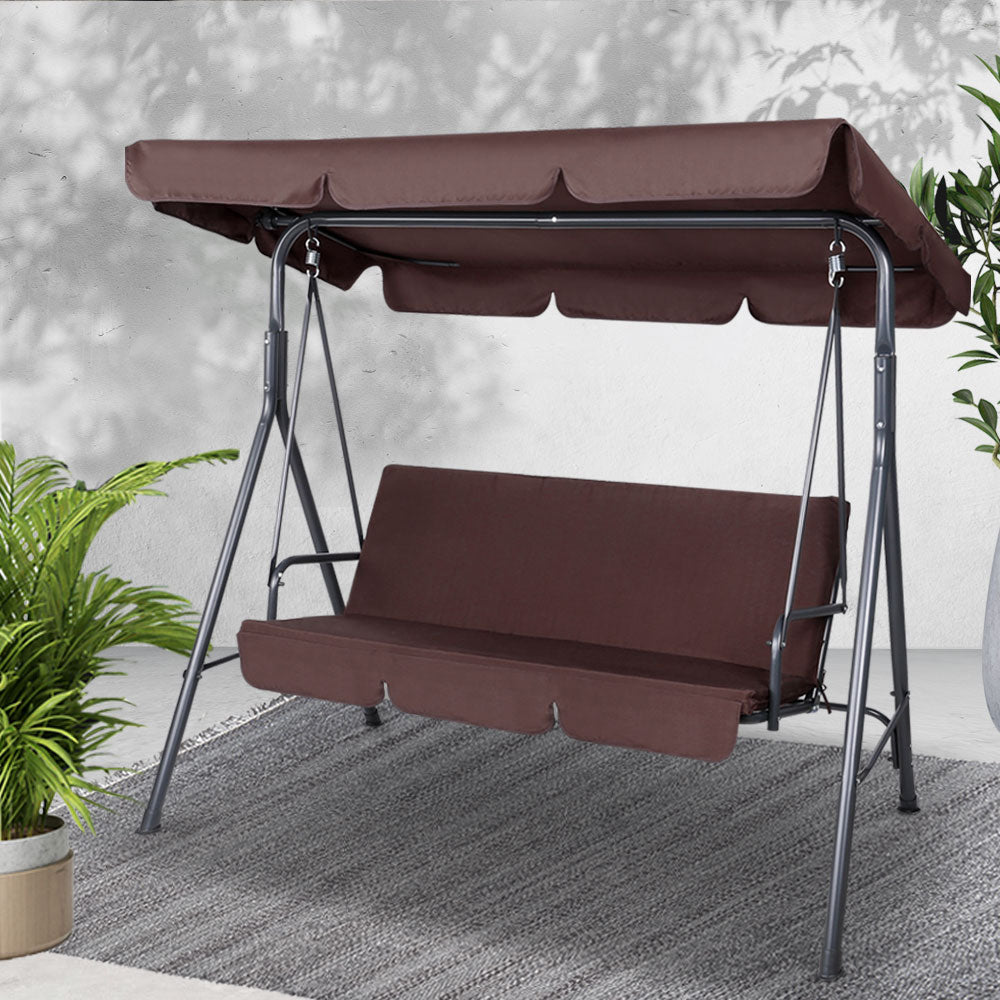 Gardeon Outdoor Swing Chair 3 Seater Canopy Brown