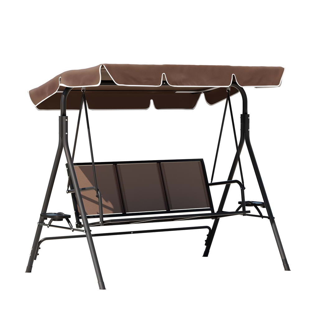 Gardeon 3-Seater Outdoor Swing Chair Brown Canopy Cup Holders
