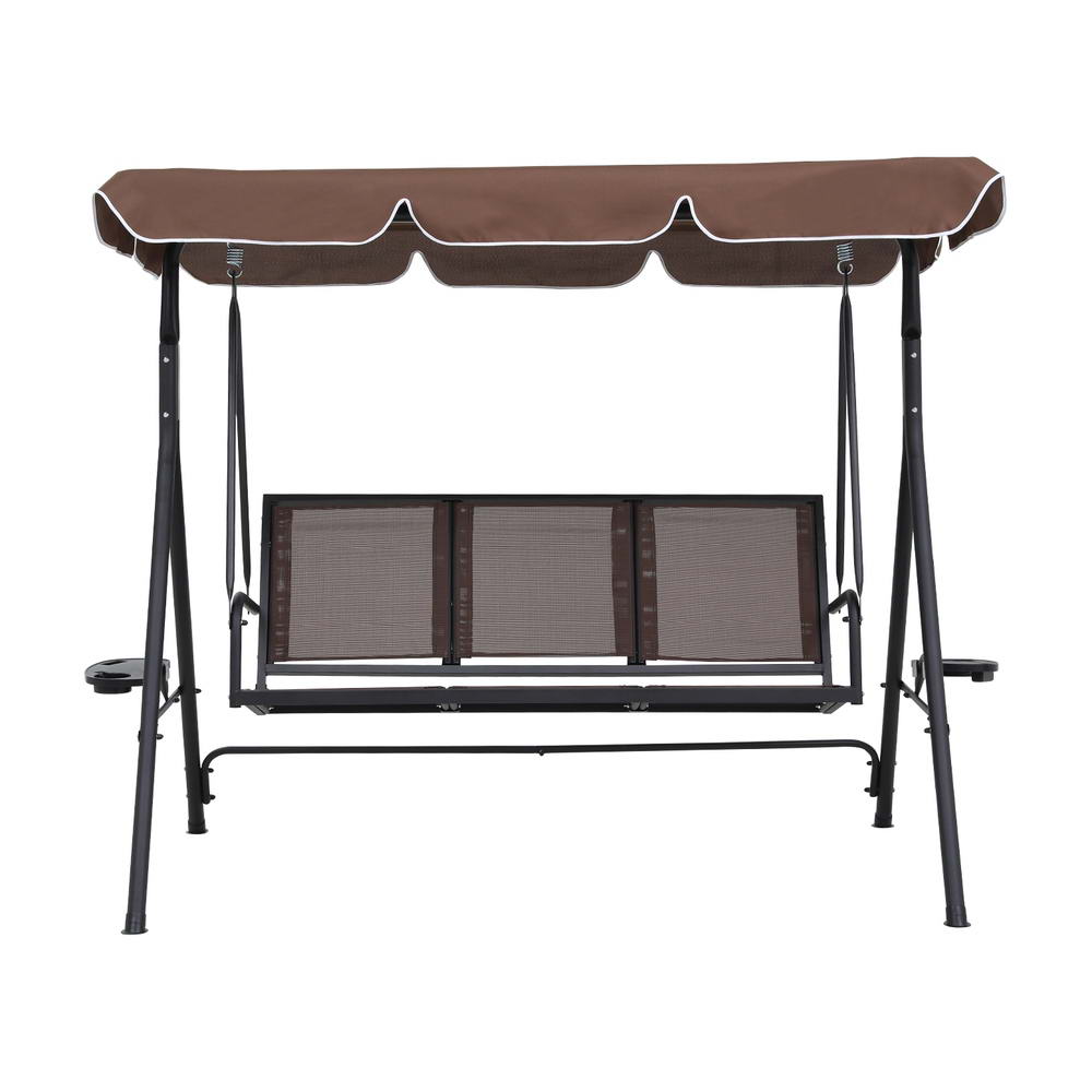 Gardeon 3-Seater Outdoor Swing Chair Brown Canopy Cup Holders