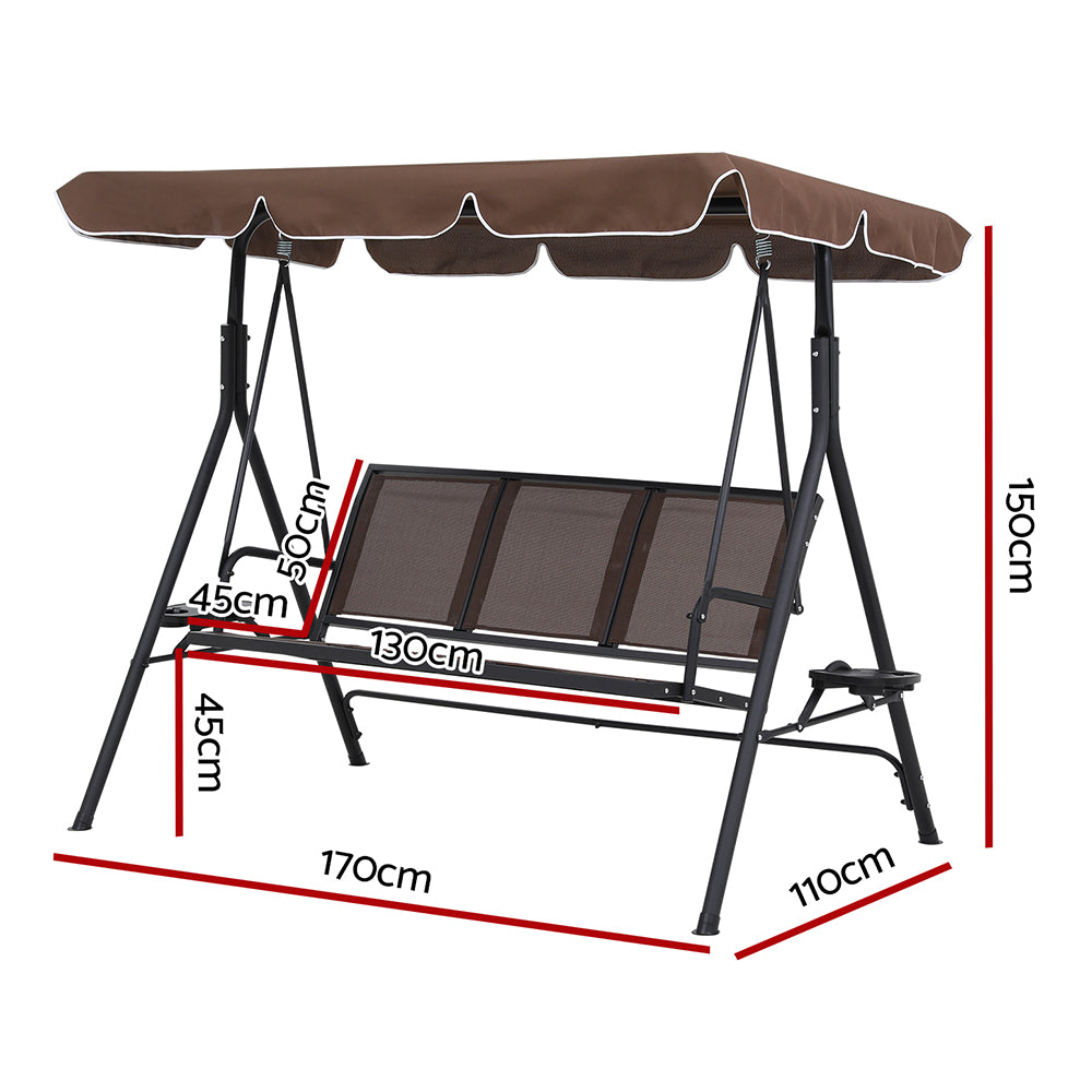 Gardeon 3-Seater Outdoor Swing Chair Brown Canopy Cup Holders