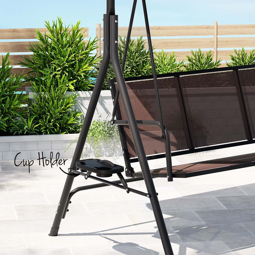 Gardeon 3-Seater Outdoor Swing Chair Brown Canopy Cup Holders