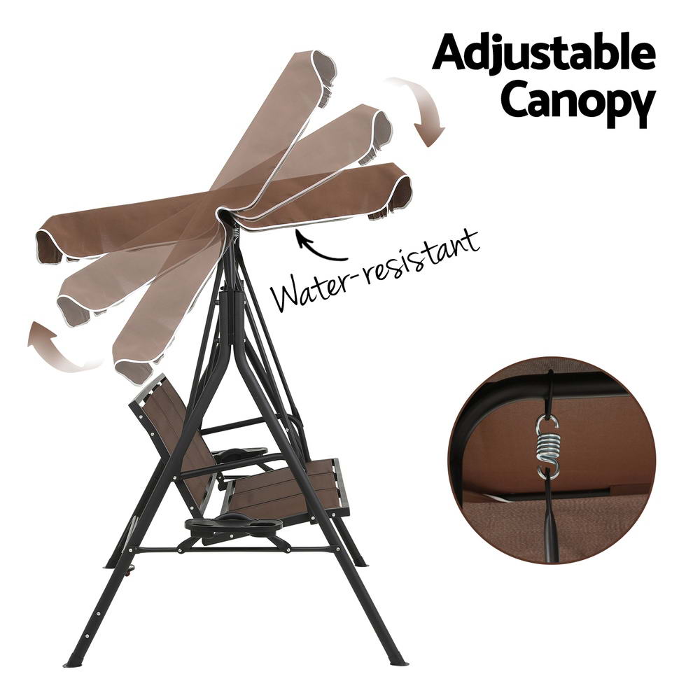 Gardeon 3-Seater Outdoor Swing Chair Brown Canopy Cup Holders