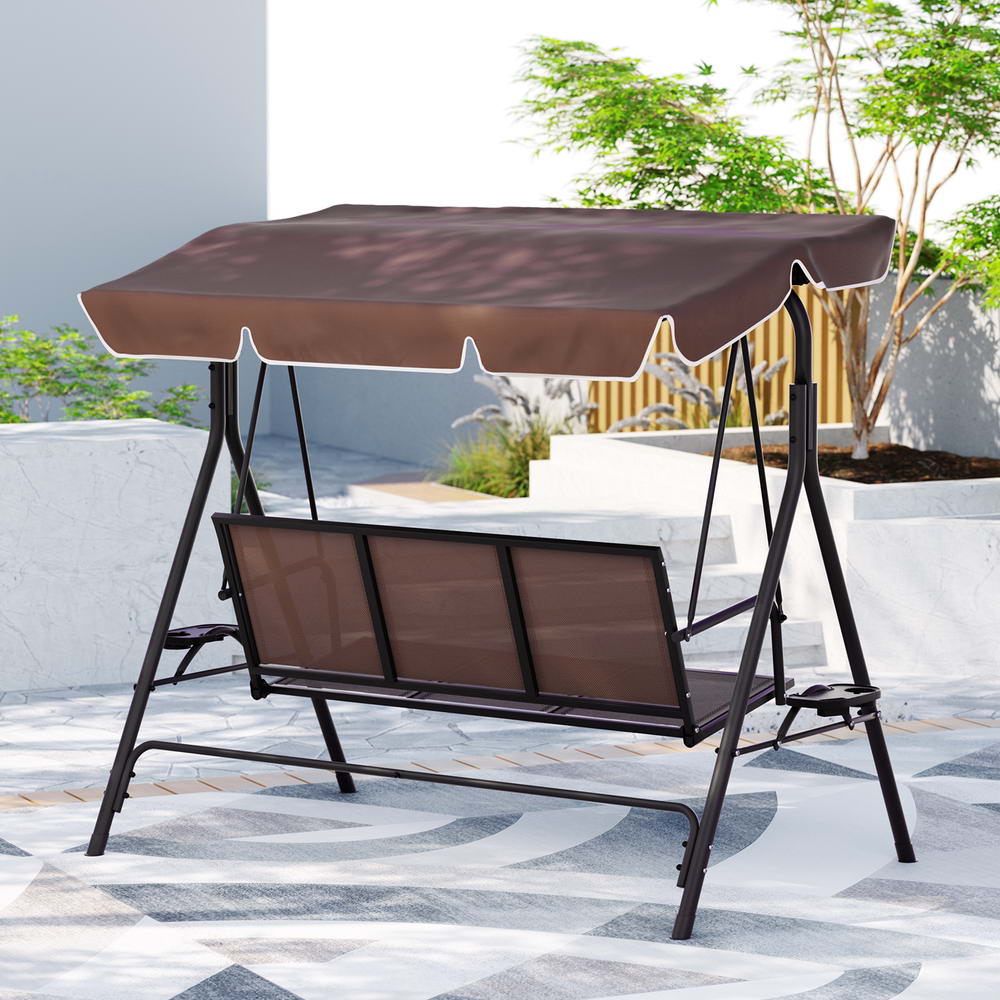 Gardeon 3-Seater Outdoor Swing Chair Brown Canopy Cup Holders