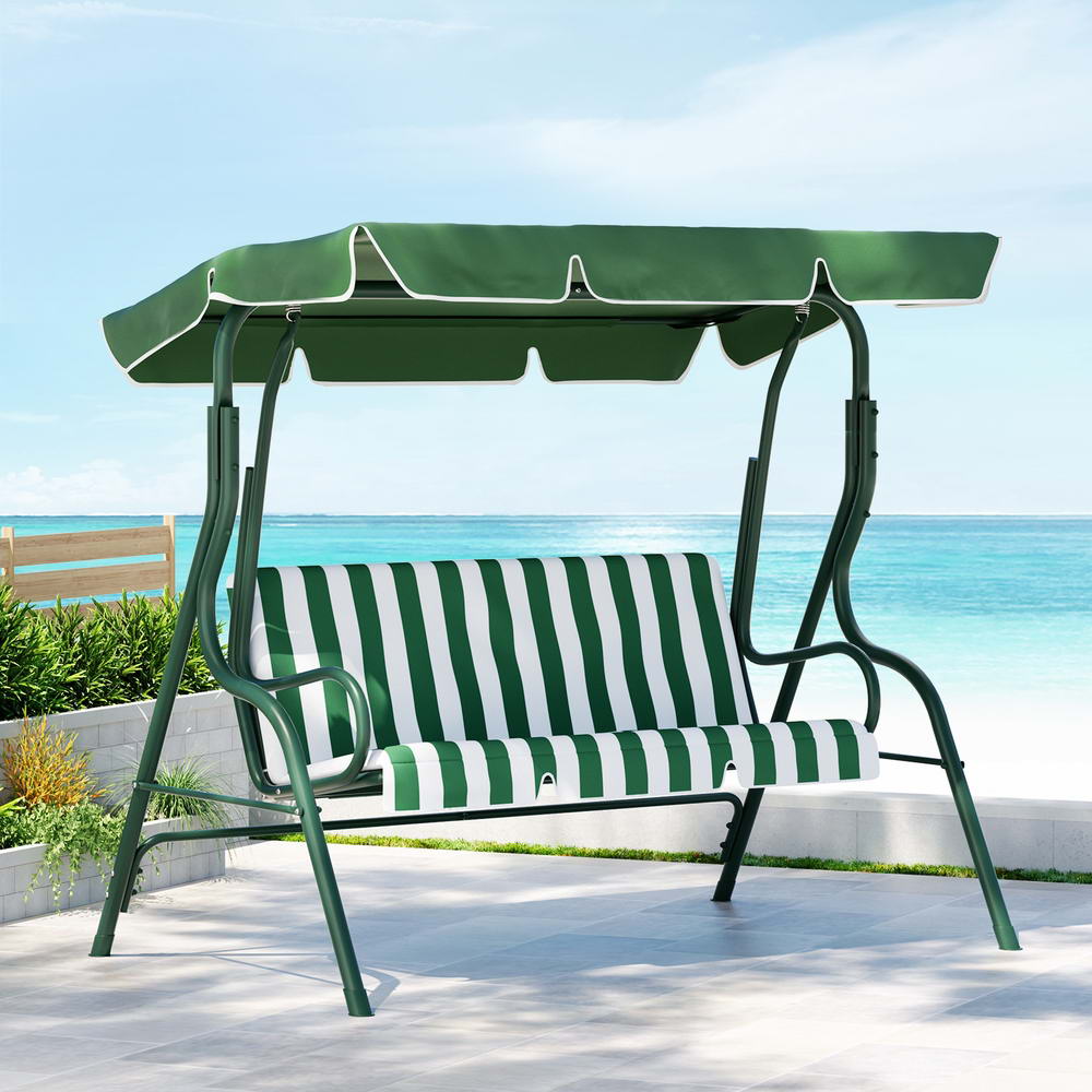 Gardeon Outdoor Canopy Swing Chair 3 Seater White Green