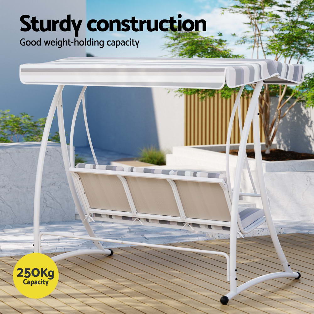 Gardeon 3-Seater Outdoor Swing Chair Adjustable Canopy White Grey